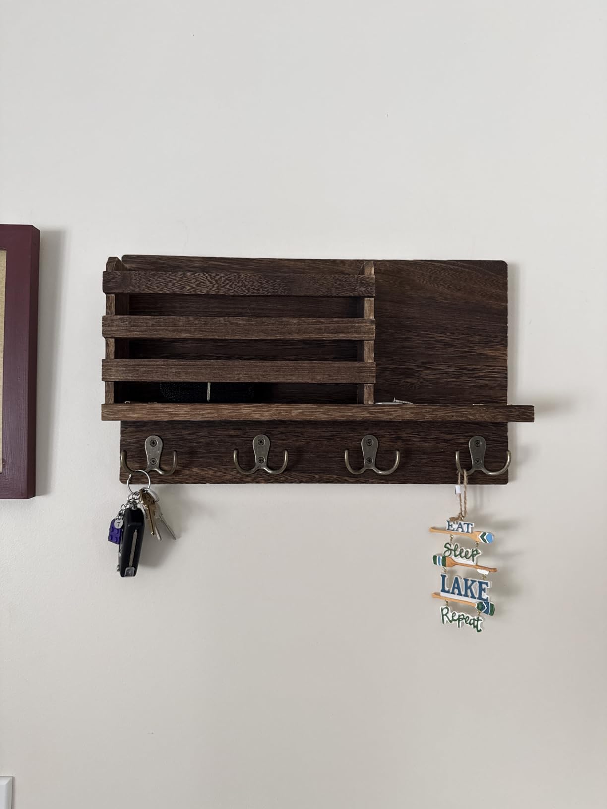 Dahey Wall Mounted Mail Holder Wooden Key Holder Rack Mail Sorter Organizer with 4 Double Key Hooks and A Floating Shelf Farmhouse Rustic Home Decor for Entryway, Brown customer photo 1