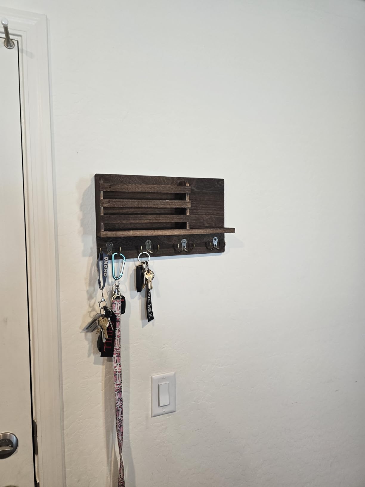Dahey Wall Mounted Mail Holder Wooden Key Holder Rack Mail Sorter Organizer with 4 Double Key Hooks and A Floating Shelf Farmhouse Rustic Home Decor for Entryway, Brown customer photo 2