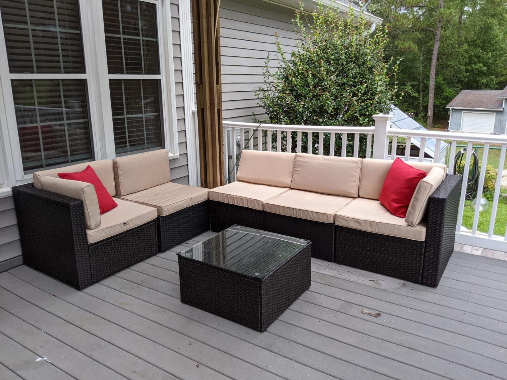 Devoko Patio Furniture Sets 6 Pieces Outdoor Sectional Rattan Sofa Manual Weaving Wicker Patio Conversation Set with Glass Table and Cushion (Beige) customer photo 1