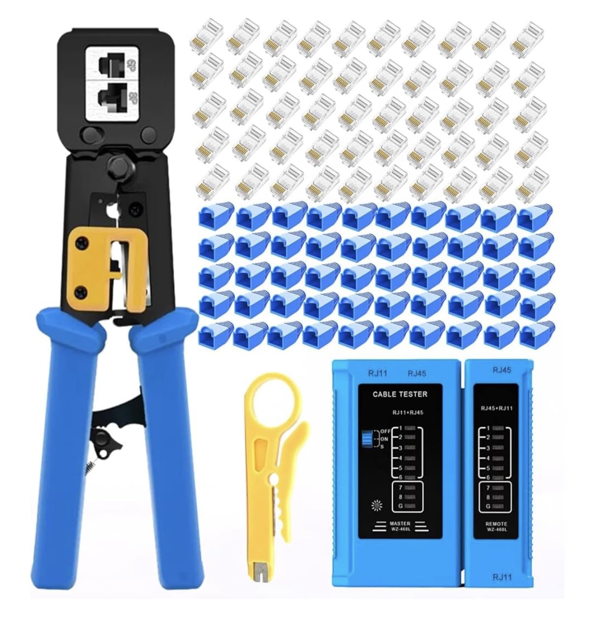 rj45 Crimping Tool for Cat6 Cat5e Cat5, Sturdy Crimper for rj45 rj12/11 Pass-Through Connectors with 50pcs rj45 Cat5e Pass-Through Connectors, 50pcs Covers, Wire Stripper; Network Cable Tester customer photo 1