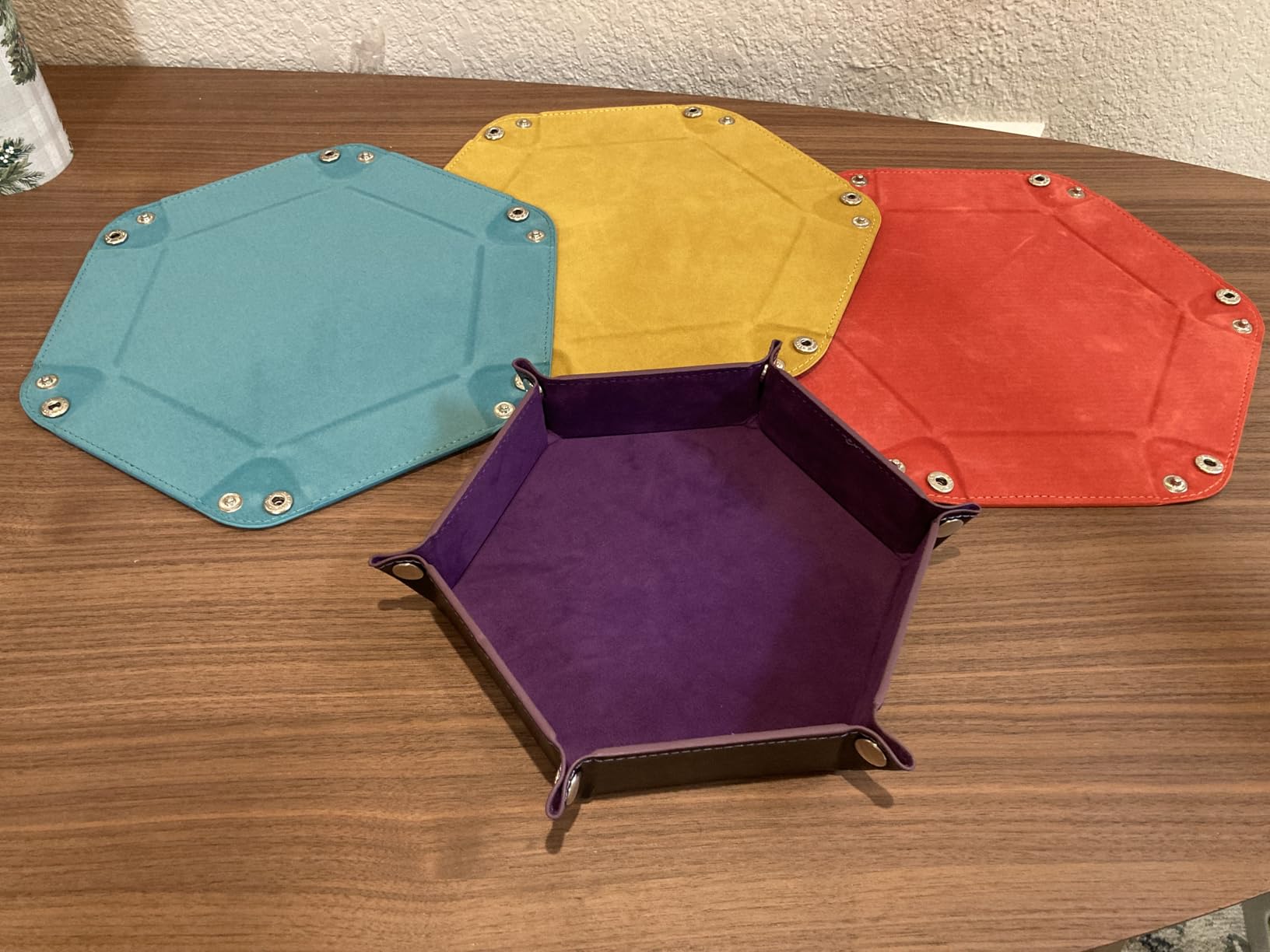 SIQUK 4 Pieces Dice Tray Set Foldable Dice Trays Hexagon Dice Rolling Tray PU Leather Dice Holder for Dice Games Like RPG, DND and Other Table Games (Red, Black, Blue and Violet) customer photo 2