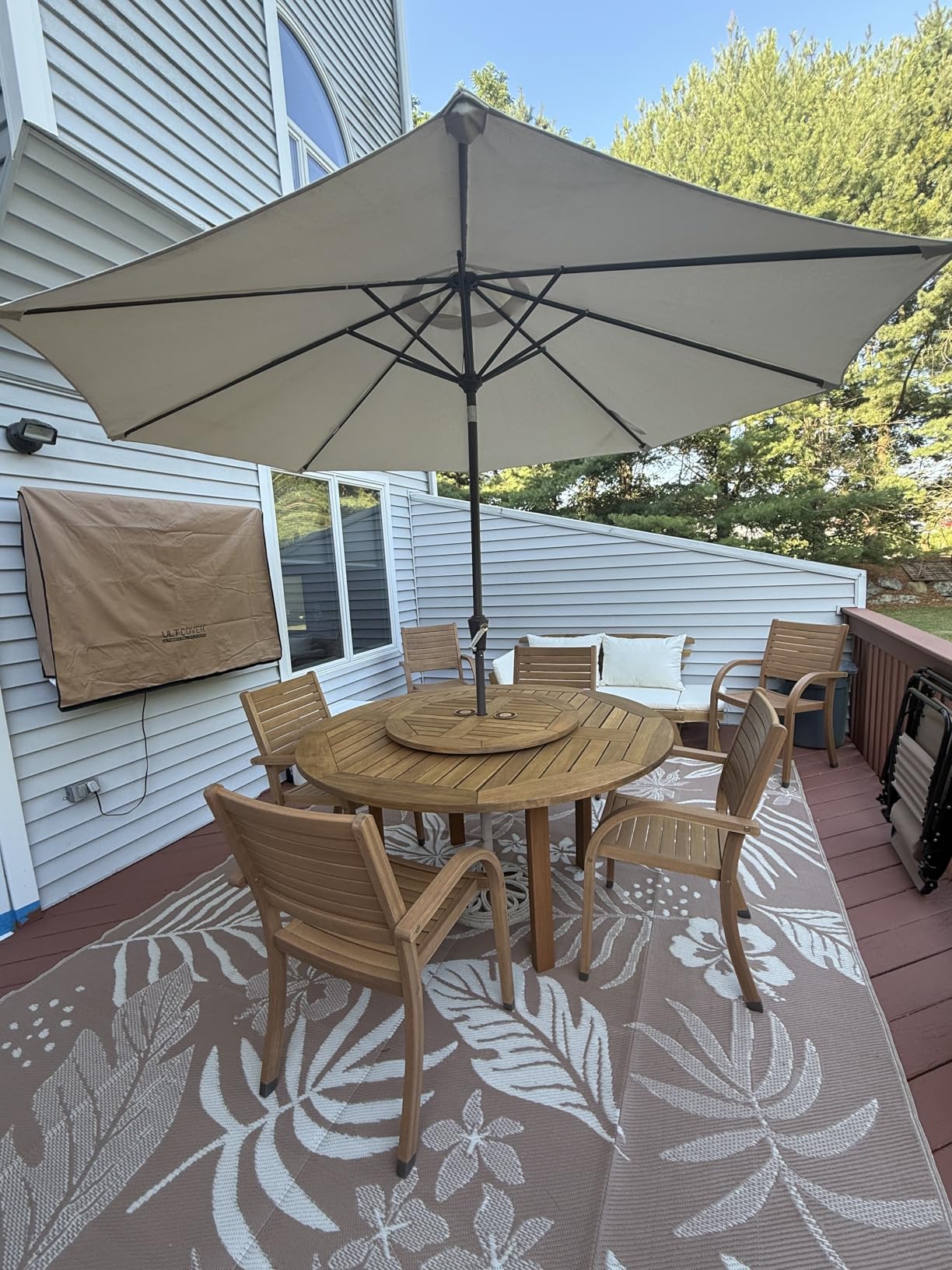 Amazonia Powell 7-Piece Wood Patio Dining Set | Round Eucalyptus Table with Lazy Susan | Ideal for Outdoors customer photo 1