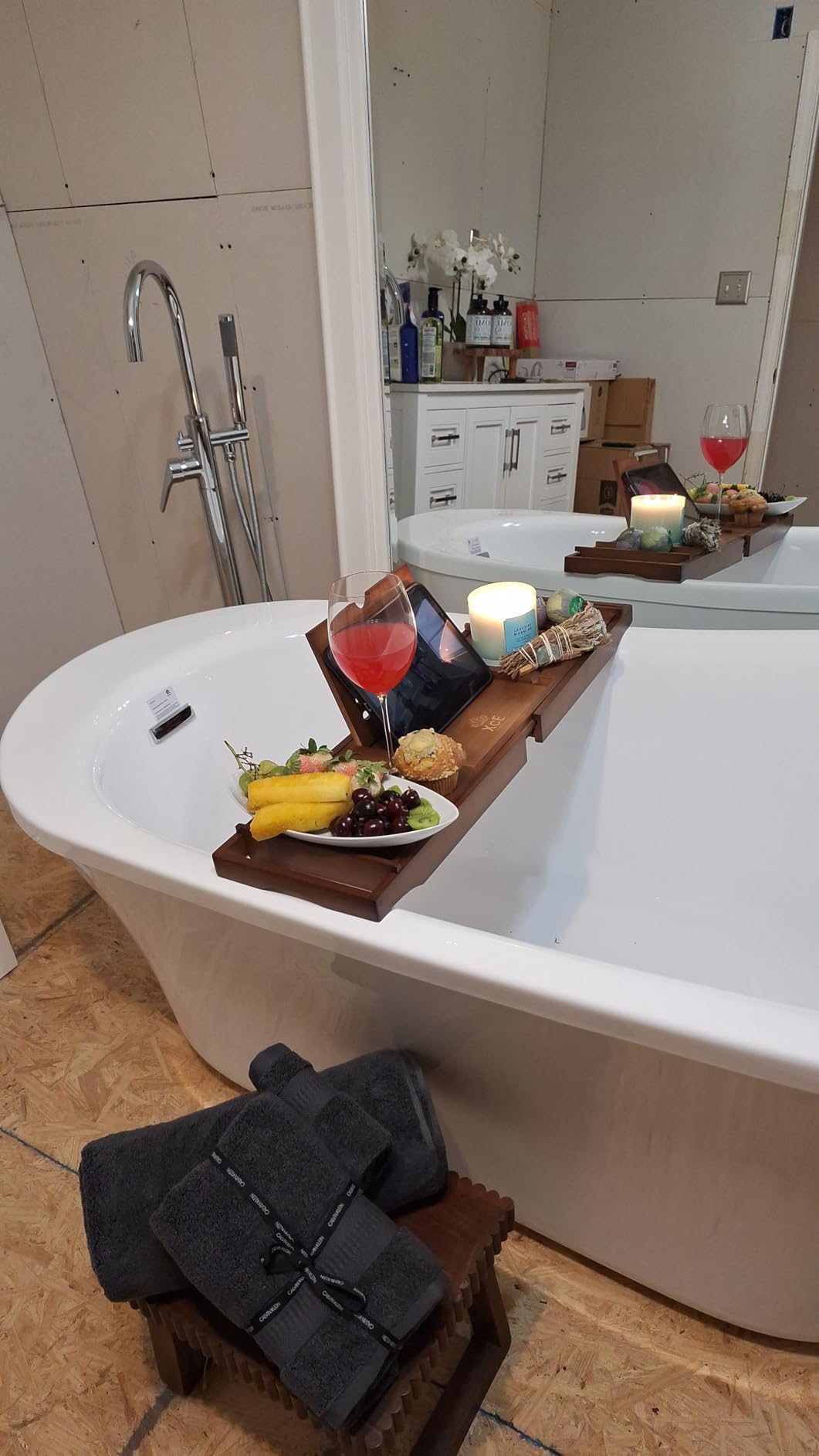 XcE Bamboo Bathtub Caddy Tray - Expandable to 41 Inches with Book Stand, Soap Holder & Anti-Slip Pads for Luxury Bath Spa, Brown customer photo 2