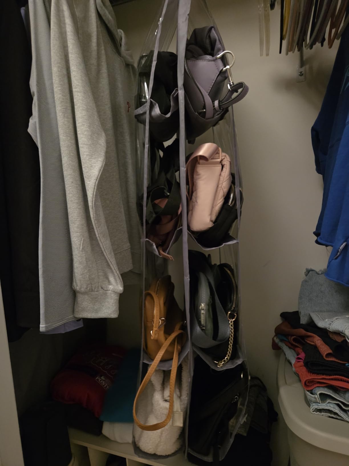 AARAINBOW 1 Pack Hanging Handbag Purse Organizer, Bags Organizor for Purse 8 Pockets Wardrobe Closet Space Saving Handbag Storage, 44.5L x 13.5W (B-Light Gray) customer photo 2