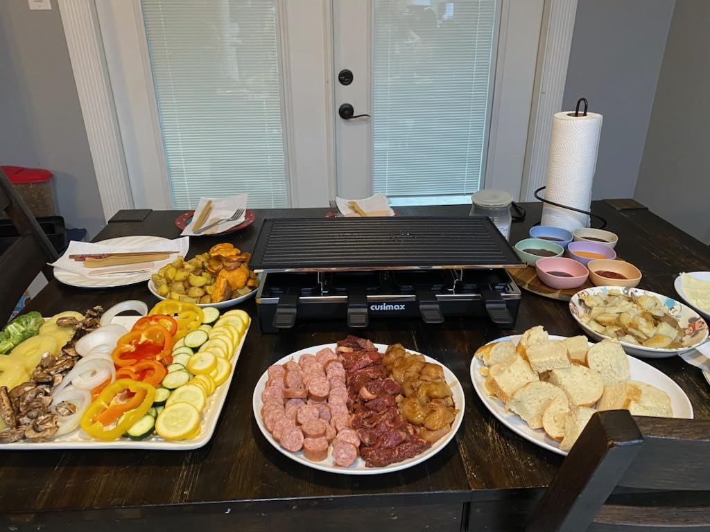 CUSIMAX Raclette Grill Electric Grill Table Portable 2 in 1 Korean BBQ Grill Indoor & Cheese Raclette, Reversible Non-stick plate, Crepe Maker with Adjustable temperature control and 8 Paddles customer photo 2