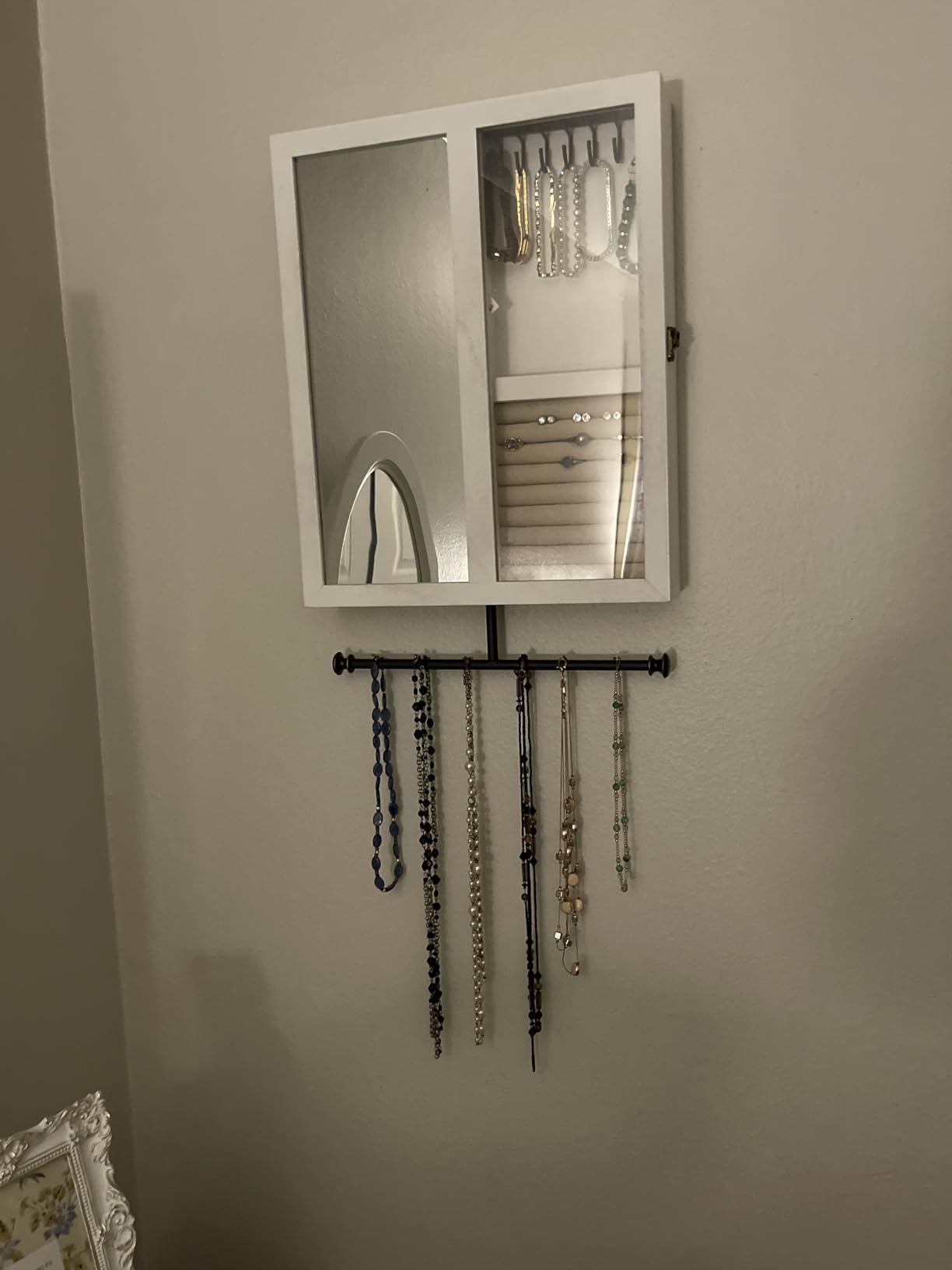 Keebofly Wall Mounted Jewelry Organizer With Rustic Wood Large Space Jewelry Cabinet, Holder, Storage Box for Necklaces, Earrings, Bracelets, Ring Holder, and Accessories, White customer photo 1