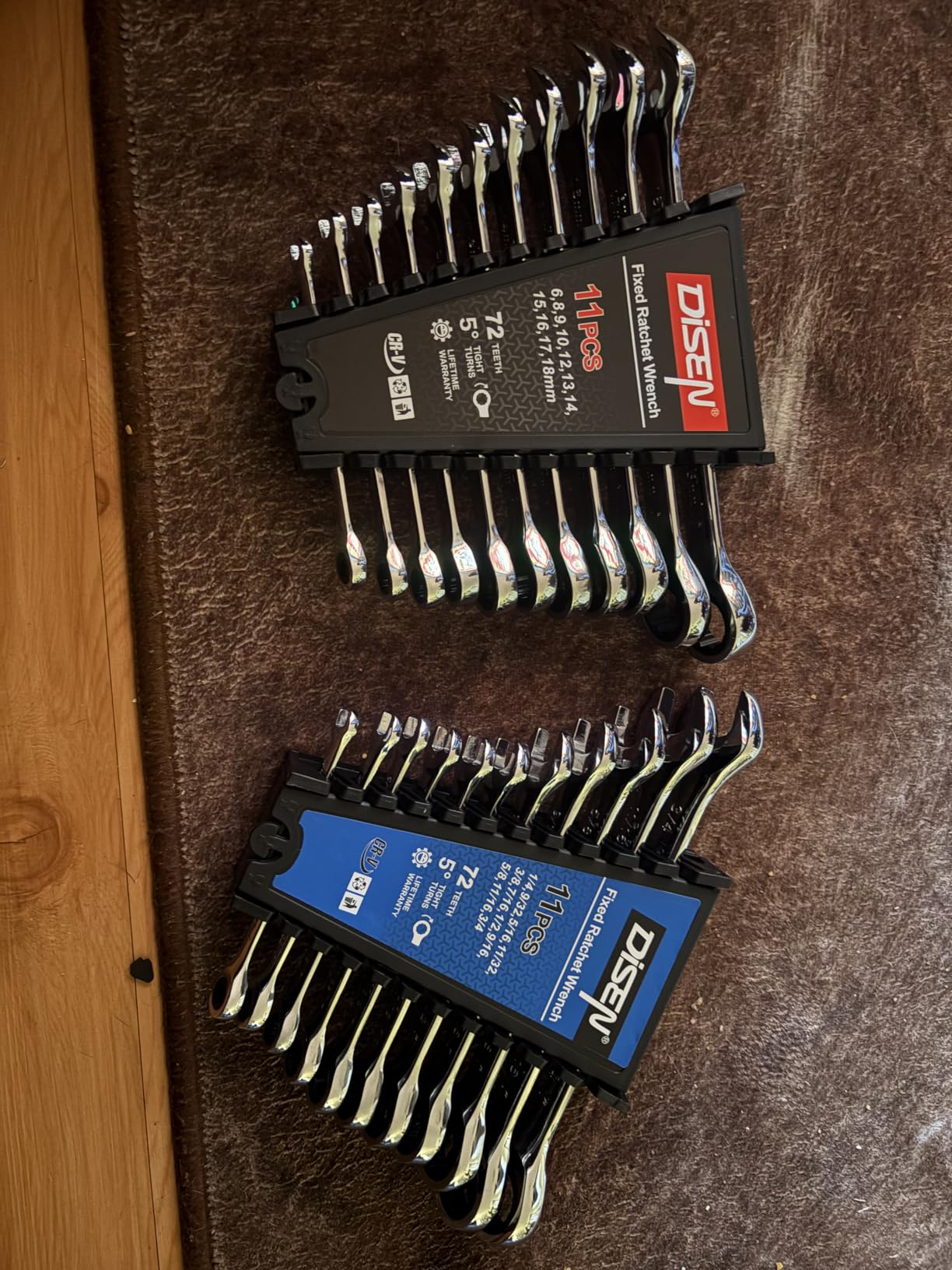 DISEN 10Pcs Ratcheting Wrench Set SAE & Metric Ratchet Wrench Set with Rack Organizer, Premium CR-v Steel, 12 Point, 72 Teeth,Box End and Open End Ratcheting Wrench Set,Metric 10-15mm&SAE 3/8''-5/8'' customer photo 1