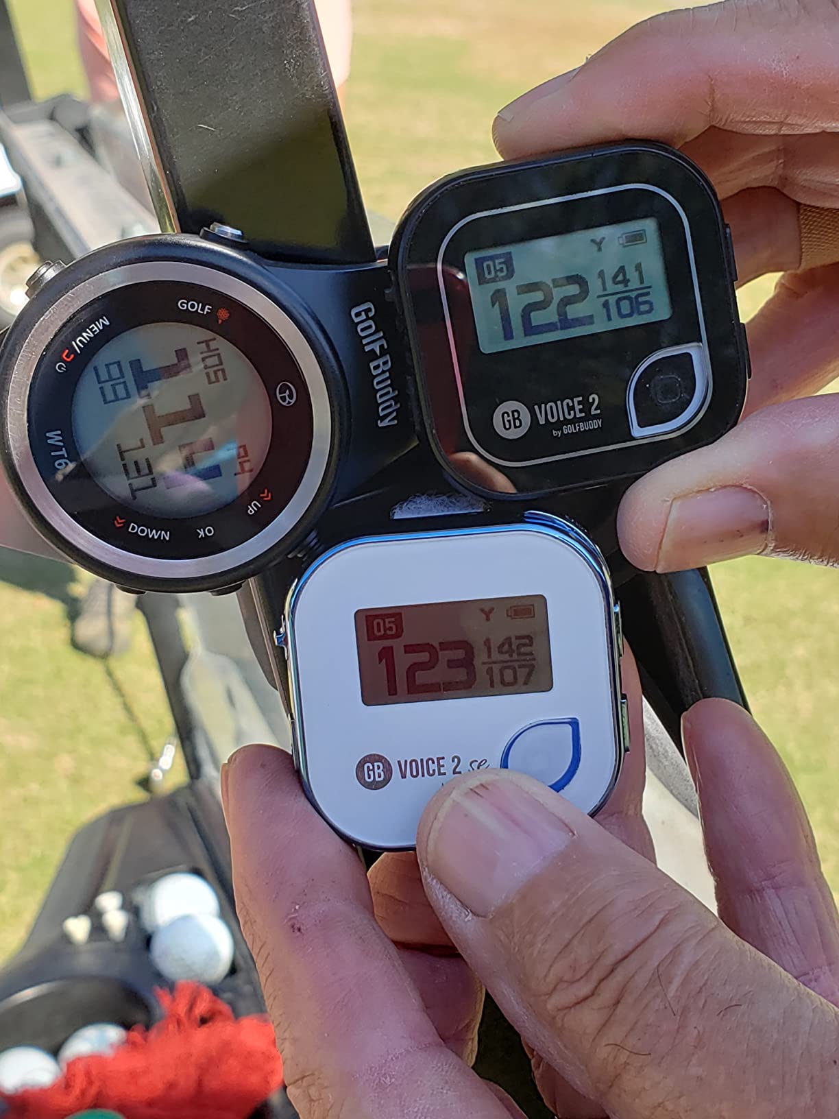 GOLFBUDDY Voice 2S+ Talking GPS Rangefinder, Clip on Hat Golf Navigation, Slope Mode on/Off, 18 Hours Battery Life, Shot Distance Measurement, Preloaded with 40,000 Courses Worldwide (Blue) customer photo 2