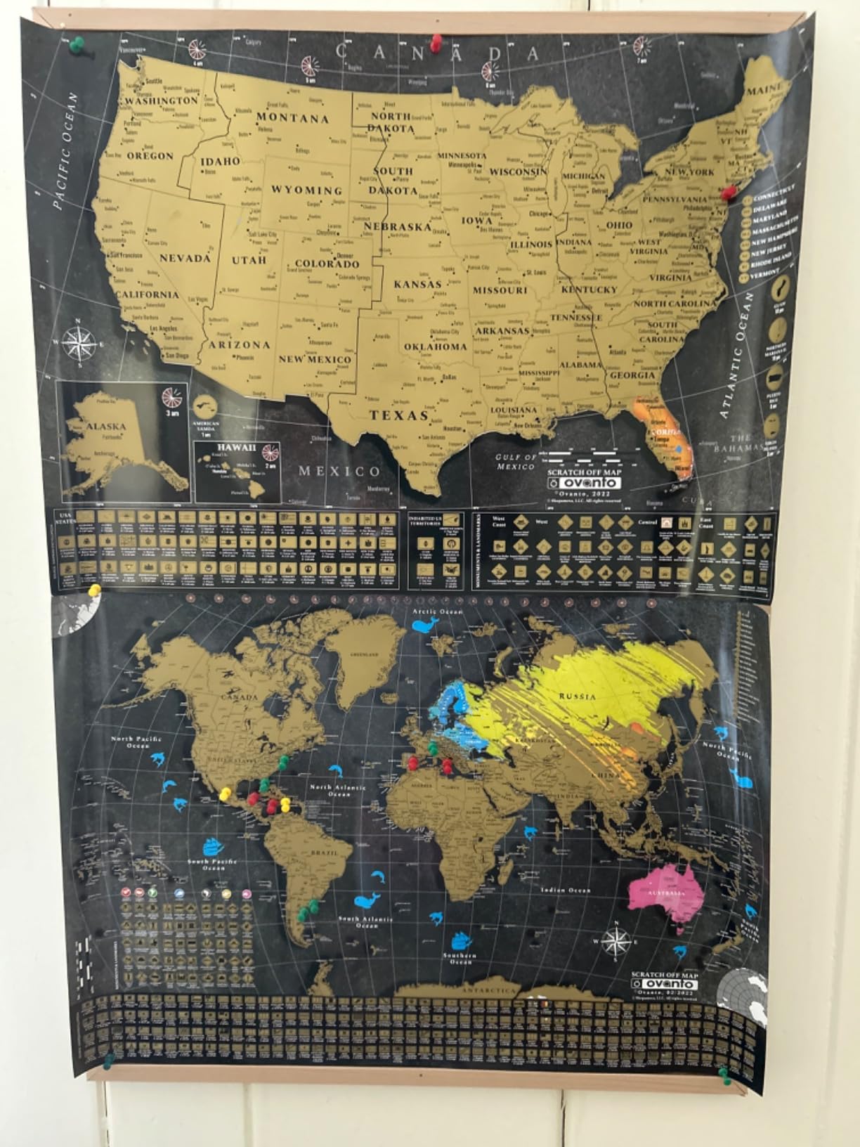 OVANTO Scratch Off World Map + USA Map - 17x24 Wall Travel Posters with 196 Flags, Gold Foil, Pins & Accessories - Premium Gift Box for Travelers, Couples, Home or Office Decor customer photo 2