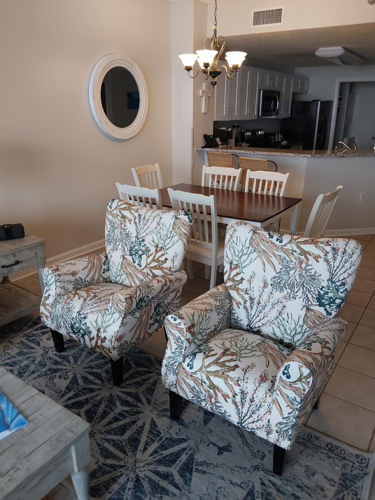 BELLEZE Modern Accent Chair, High Back Armchair, Upholstered Wingback Side Chair, Padded Single Sofa with Wooden Legs for Living Room, Bedroom - Green Blue Floral customer photo 2