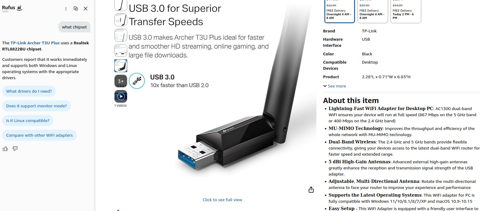 TP-Link USB WiFi Adapter for Desktop PC, AC1300 USB 3.0 Wireless Dual Band Network Adapter with High Gain Antenna(Archer T3U Plus), MU-MIMO, Windows 11/10/8.1/8/7/XP, Mac OS 10.9-10.15 customer photo 2