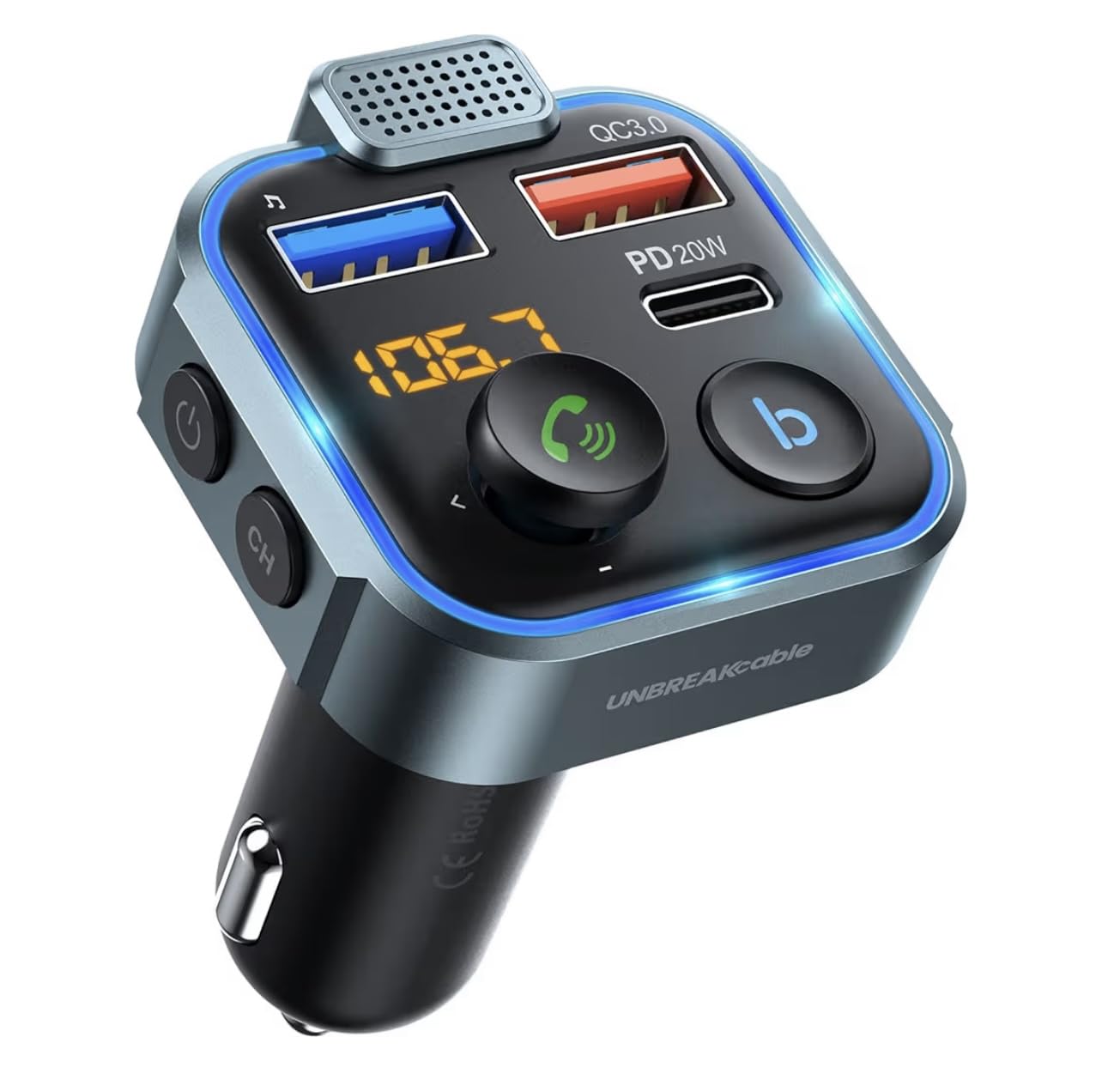 UNBREAKcable Bluetooth 5.3 FM Transmitter for Car, [PD 20W + QC 3.0] [Stronger Microphone & HiFi Bass Sound] Cigarette Lighter Radio Music Adapter Charger, Supports Hands-Free Siri Google Assistant customer photo 2