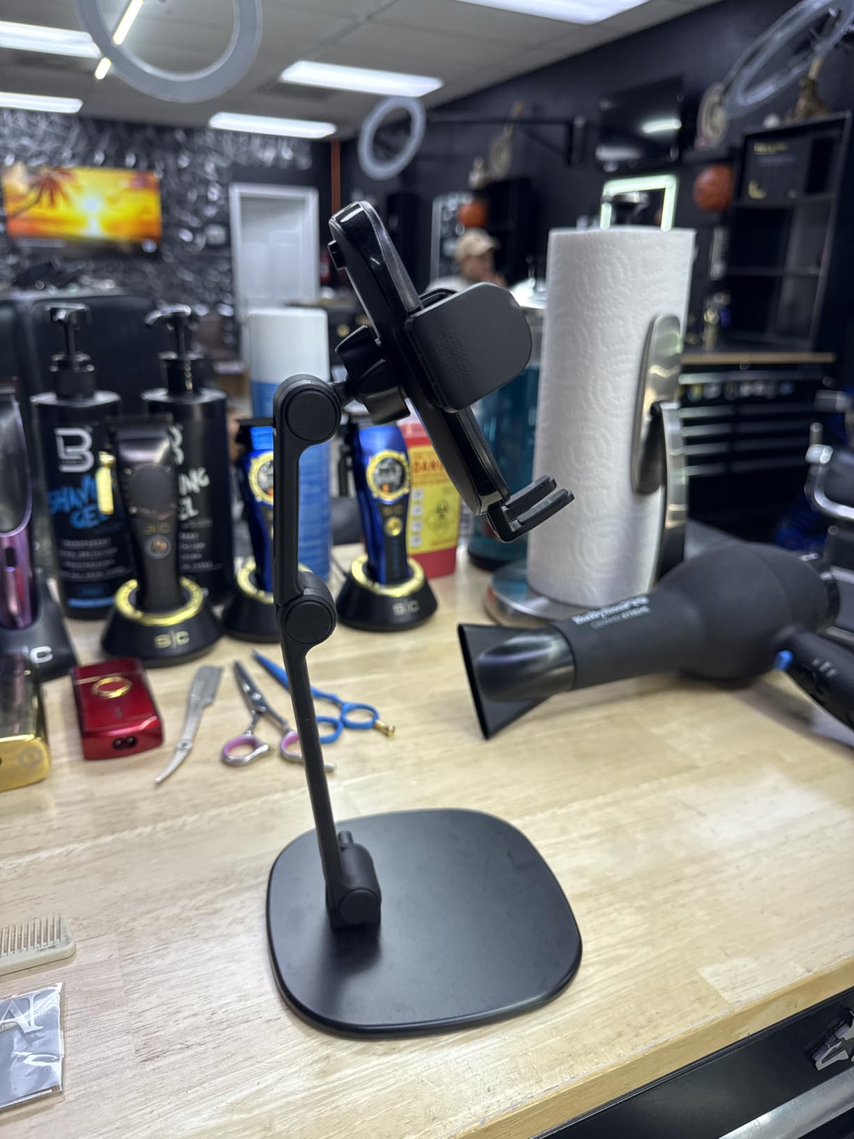 APPS2Car Phone Stand for Desk [No Dropping Stable Triple-Clamp Holder] Adjustable Height 360 Degree Rotation Heavy Base Thick Case Friendly, Multifunctional Cell Phones Stand for iPhone Android Phones customer photo 2