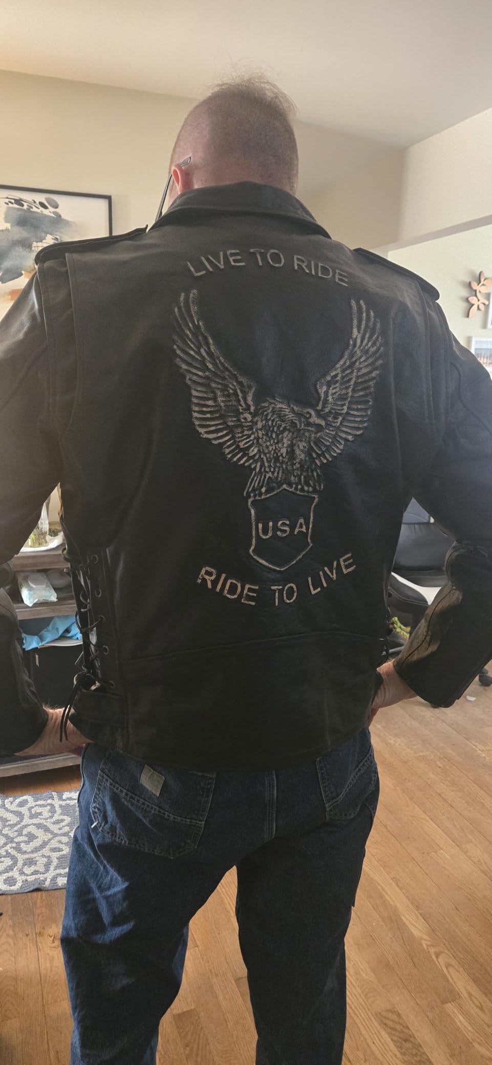 Vance Leather Men's Eagle Embossed Live To Ride - Ride To Live Classic Black Leather Motorcycle Biker Jacket customer photo 1