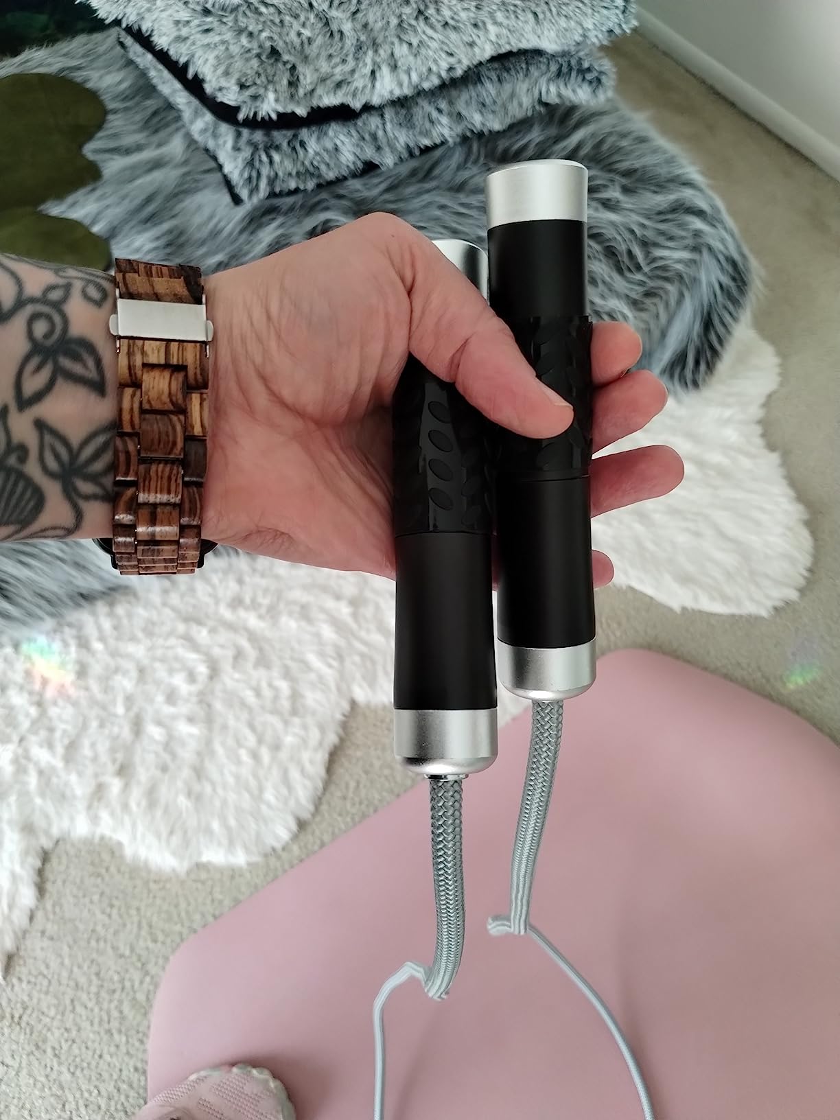 Redify Weighted Jump Rope for Workout Fitness(1LB), Tangle-Free Ball Bearing Rapid Speed Skipping Rope for MMA Boxing Weight-loss, Aluminum Handle Adjustable Length 9MM Fabric Cotton+9MM Solid PVC Rope customer photo 2