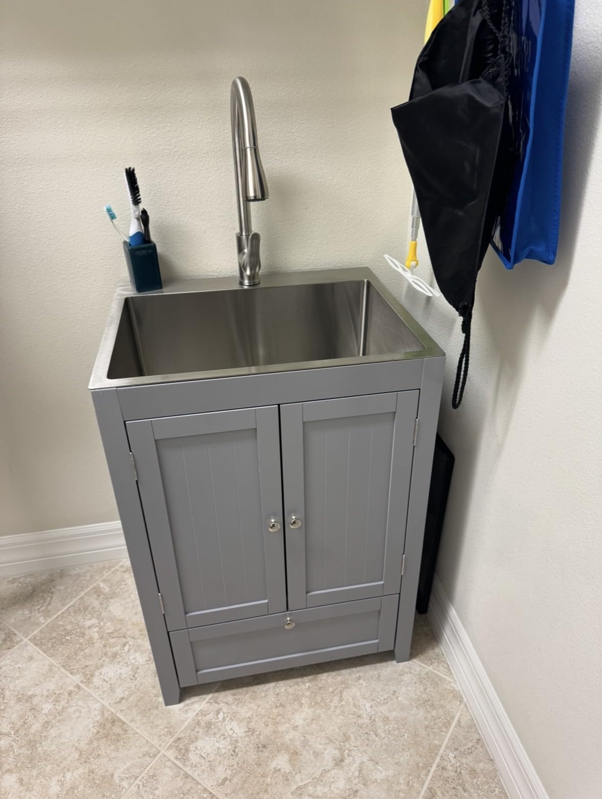 VINGLI 24-Inch Laundry Sink with Cabinet and Pull-Out Sprayer Faucet, Stainless Steel Utility Sink with Cabinet, Grey Cabinet with Sink for Laundry & Utility Room, Kitchen, Bathroom, Basement customer photo 1