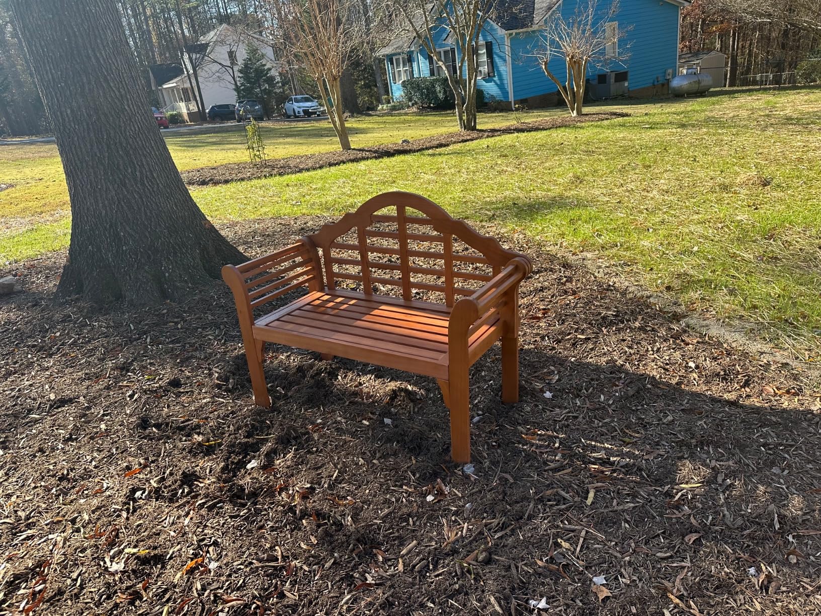 Giantex Outdoor Wood Bench, 4 Ft Foldable Eucalyptus Garden Bench, Two Person Loveseat Chair Solid with Curved Backrest and Armrest Ideal for Patio, Porch or Balcony (Teak) customer photo 1