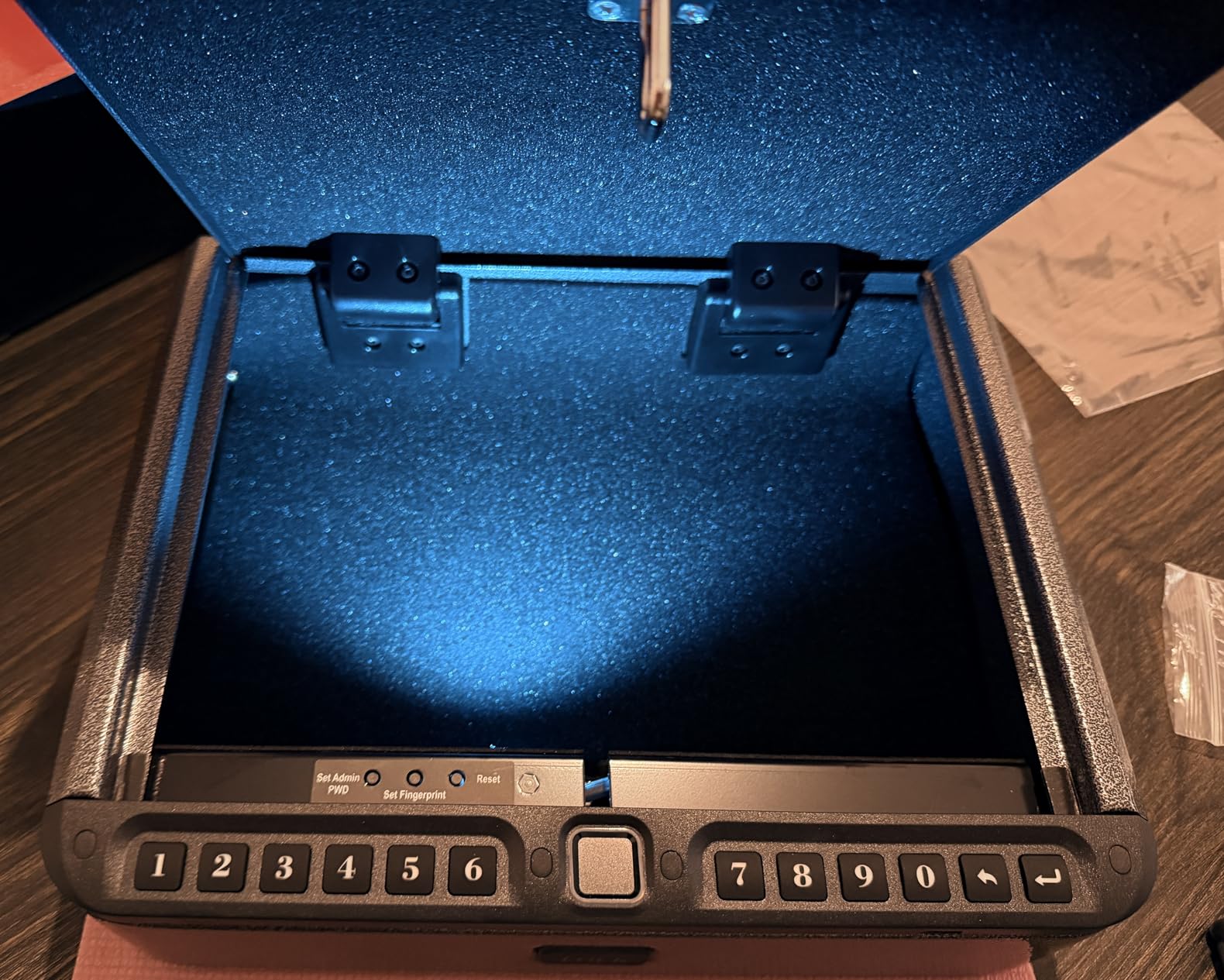 BILLCONCH Smart Gun Safe with Security Cable - Biometric Pistol Safe for Handgun 4 Ways Quick Access with Fingerprint/Keypad/Key/APP Lock, for Nightstand Bedside Home Car with LCD and Voice Guide customer photo 2