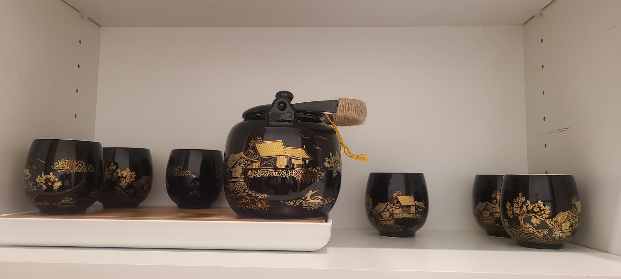 Dujust Japanese Tea Set, Black Porcelain Tea Set with 1 Teapot Set, 6 Tea Cups, 1 Tea Tray, 1 Stainless Infuser, Beautiful Asian Tea Sets for Adults, Tea Lover/Women/Men (Countryside in Golden) customer photo 1