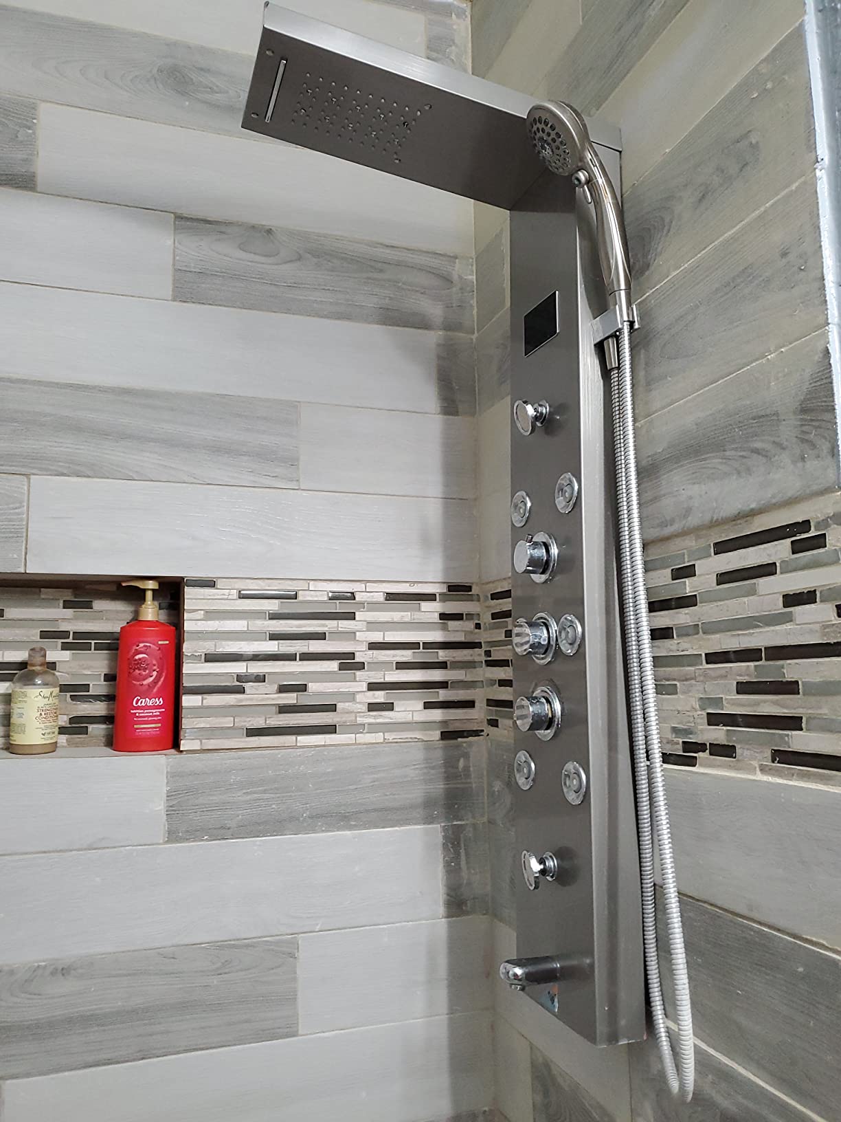 FUZ Contemporary Shower Panel Tower System Stainless Steel 6-Function Faucet LED Rainfall Waterfall Shower Head + Handheld Sprayer + Rain Massage Body Jets + Tub Spout, Black customer photo 2