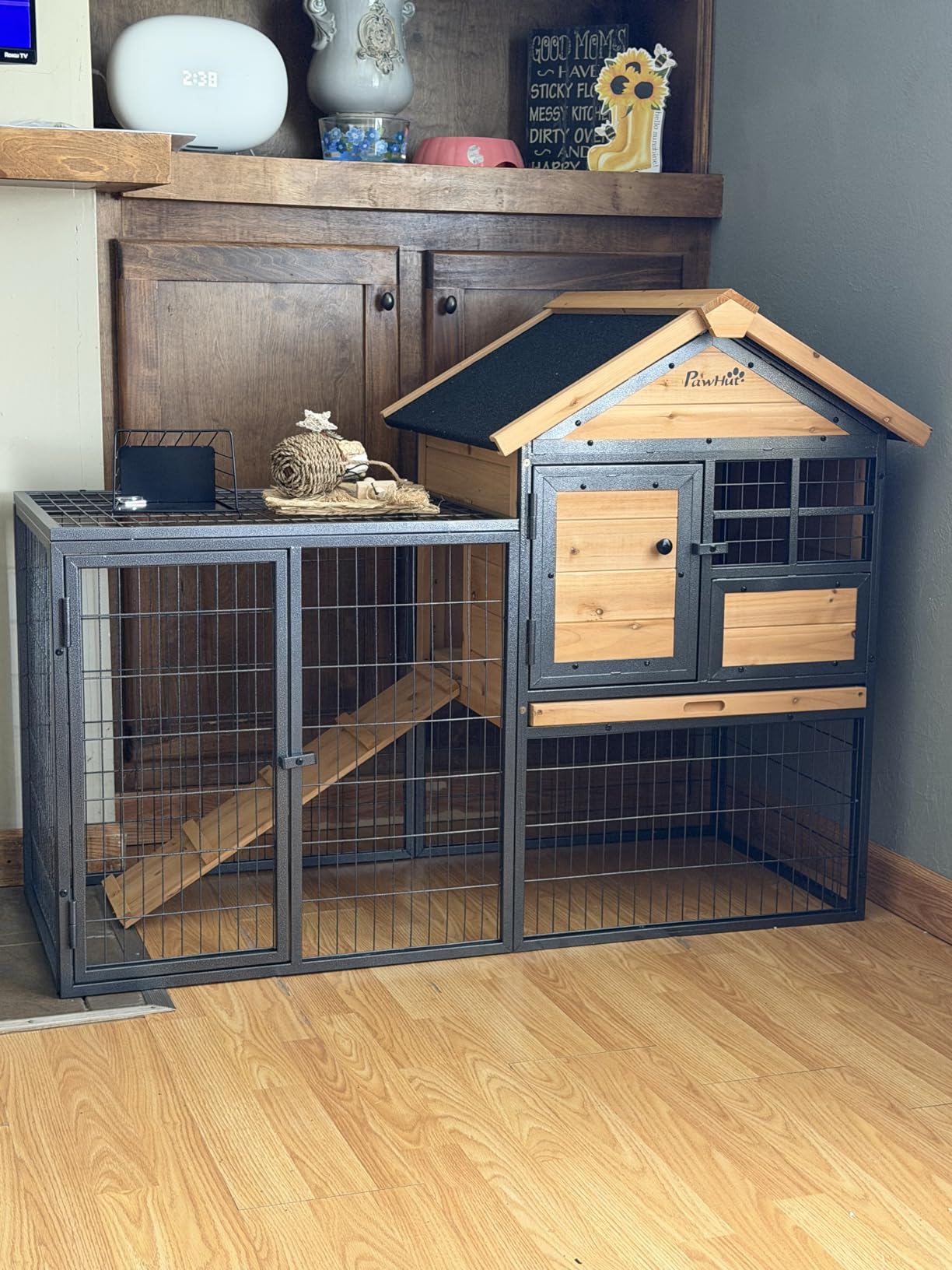 PawHut 2-Level Rabbit Hutch Bunny House with Weatherproof Hinged Asphalt Roof, Removable Tray and Ramp for Outdoor customer photo 2