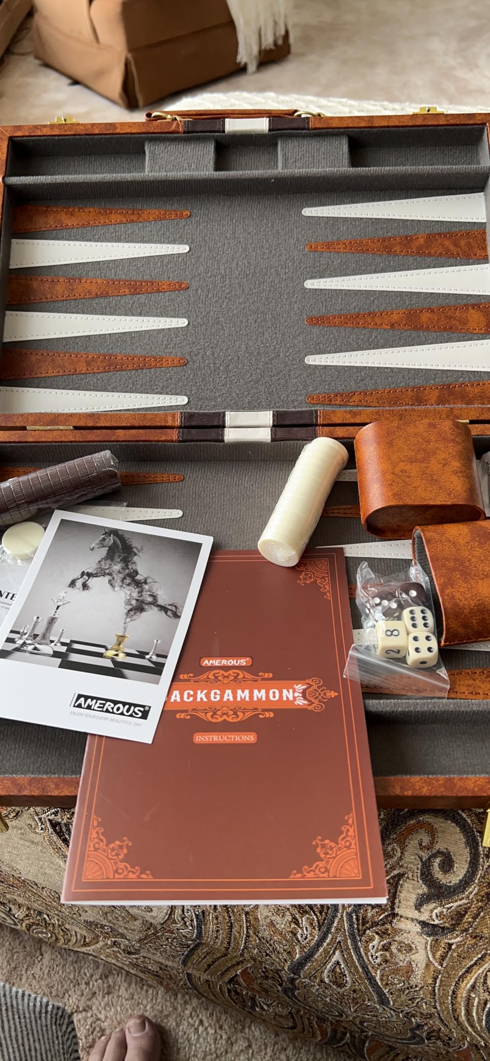 AMEROUS Backgammon Set, 15 Inches Classic Board Game with Leather Case, Folding Board, Gift Package, Portable Travel Strategy Backgammon Game Set for Adults, Kids (Medium, Brown) customer photo 1