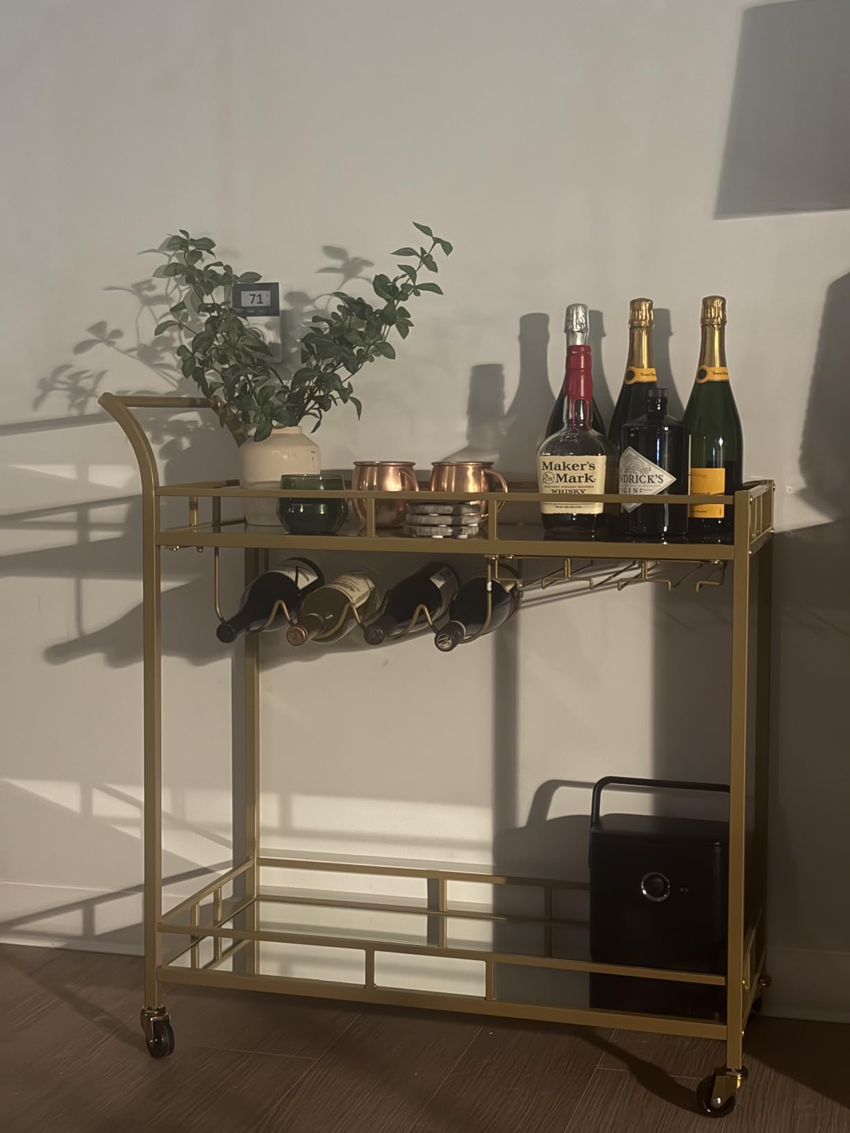 VASAGLE Bar Cart Gold, Home Bar Serving Cart, Wine Cart with 2 Mirrored Shelves, Wine Holders, Glass Holders, for Kitchen, Dining Room, Gold ULRC090A03 customer photo 2