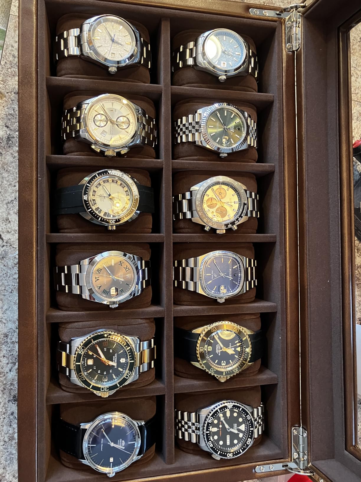 TAWBURY Watch Box for Men - 12 Slot Watch Case with Storage Drawer, Real Glass Display and 2-inch Wide Pillows for Large Watches (Brown) customer photo 1