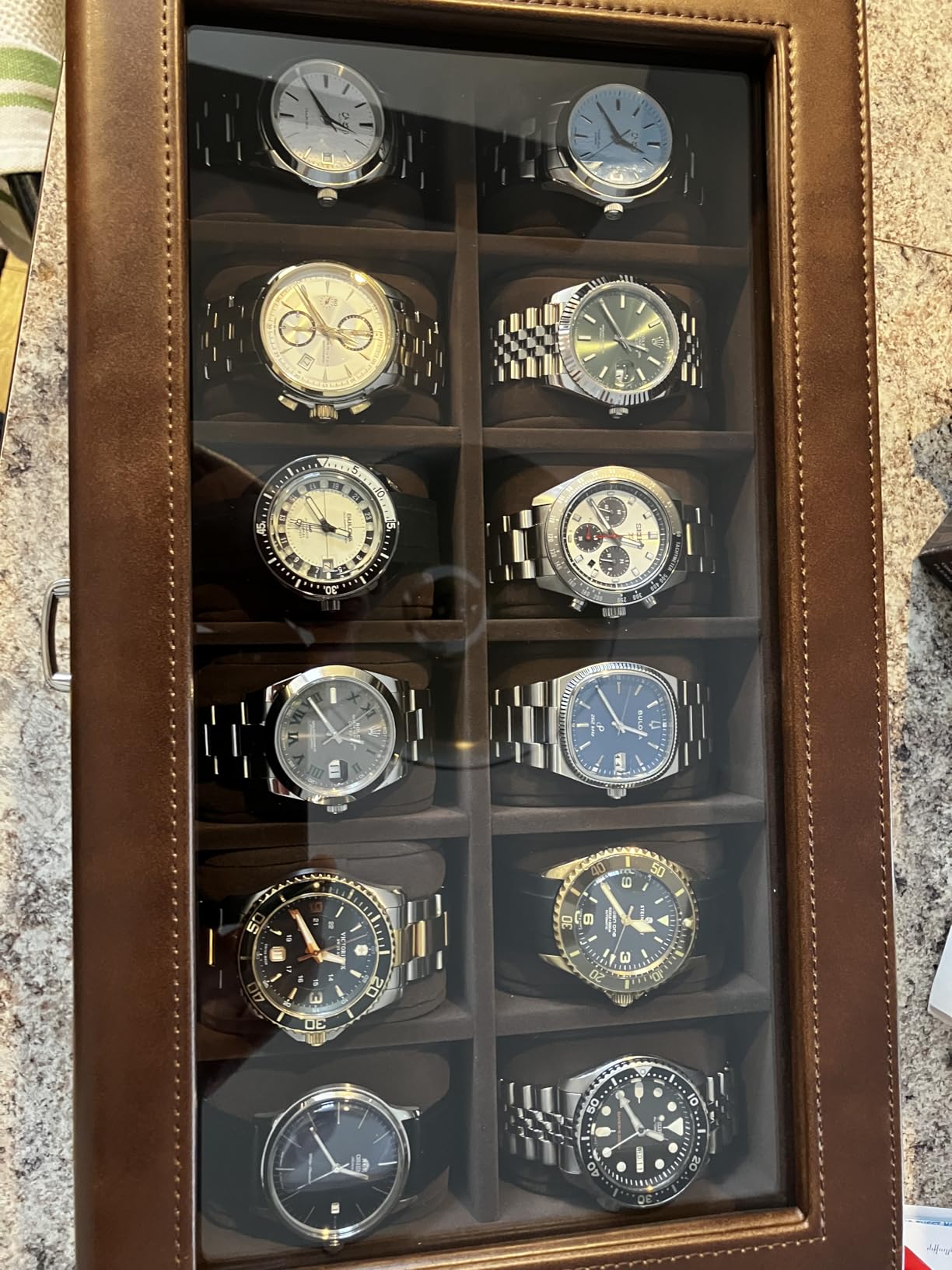 TAWBURY Watch Box for Men - 12 Slot Watch Case with Storage Drawer, Real Glass Display and 2-inch Wide Pillows for Large Watches (Brown) customer photo 2