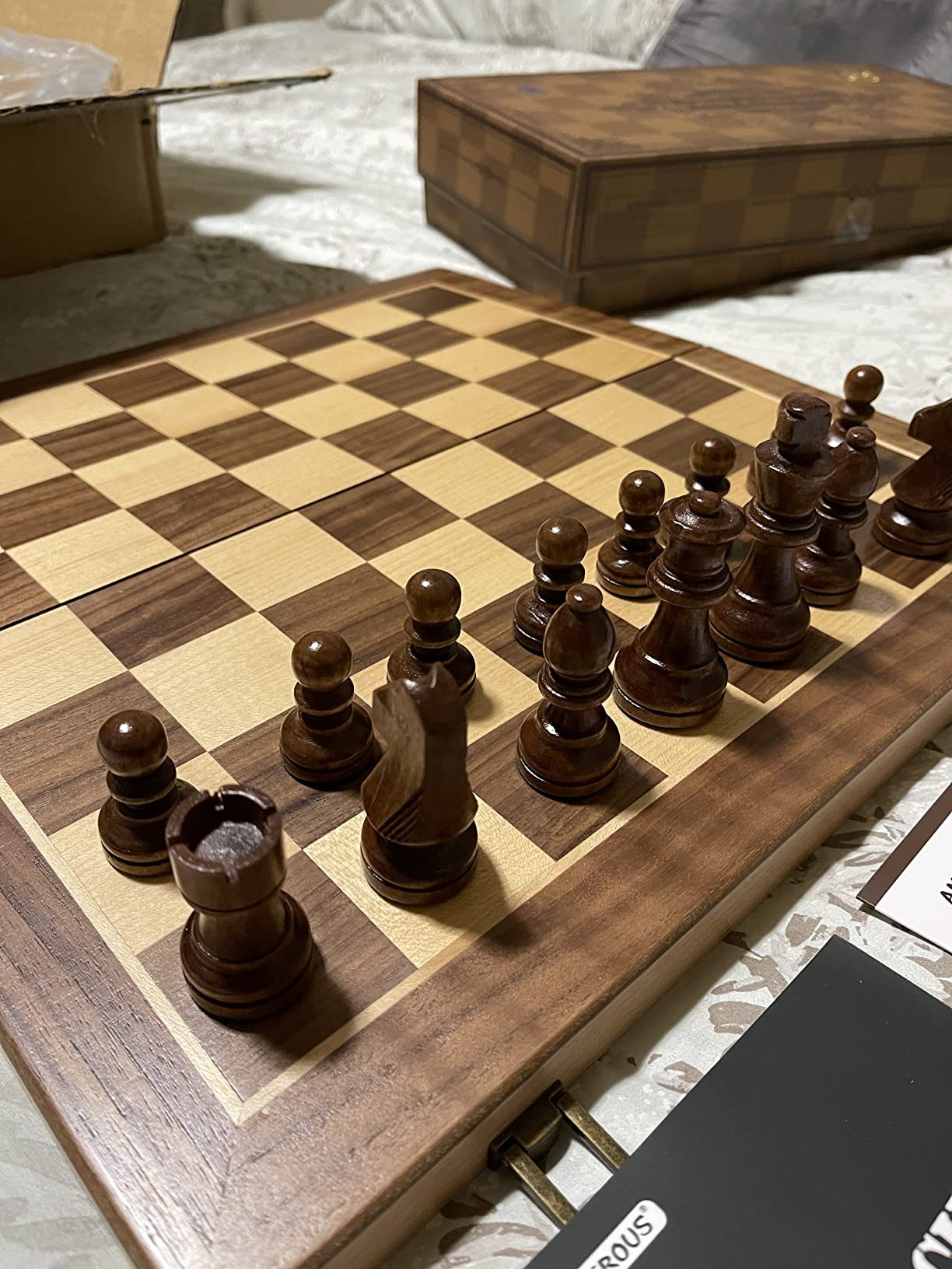 AMEROUS 15'' Wooden Chess & Checkers Set, 2 in 1 Board Games -2 Extra Queens -24 Cherkers Pieces - Gift Box Packed - Chessmen Storage Slots, Beginner Chess Set for Kids and Adults customer photo 2