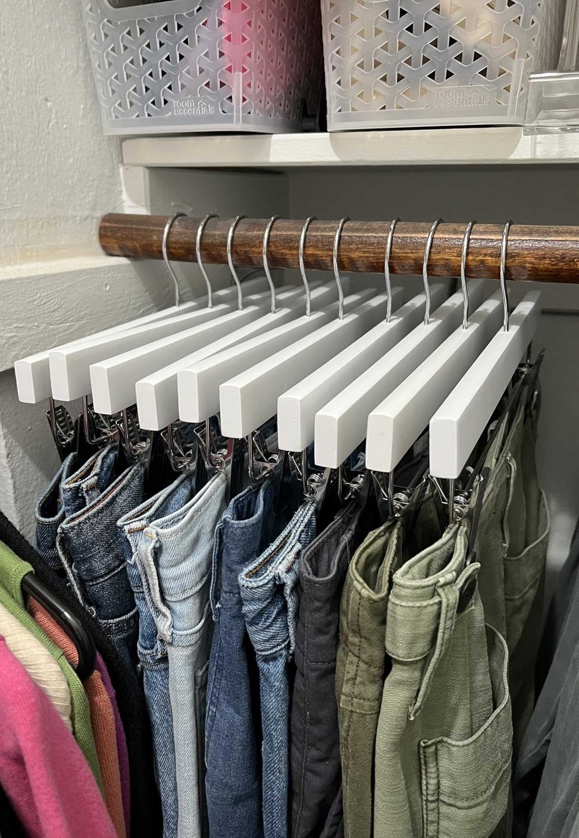 Amazon Basics Durable Wooden Pants and Skirt Hangers with Clips, Closet Organizer, White, 10-Pack customer photo 2