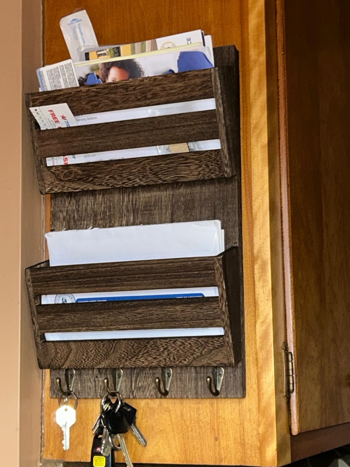 MOOACE Mail Organizer Wall Mount with Key Hooks, 2-Slot Wood Mail and Key Holder, Wall File Organizer Office Letter Folder Accessories Organizer Home Farmhouse Decor customer photo 2
