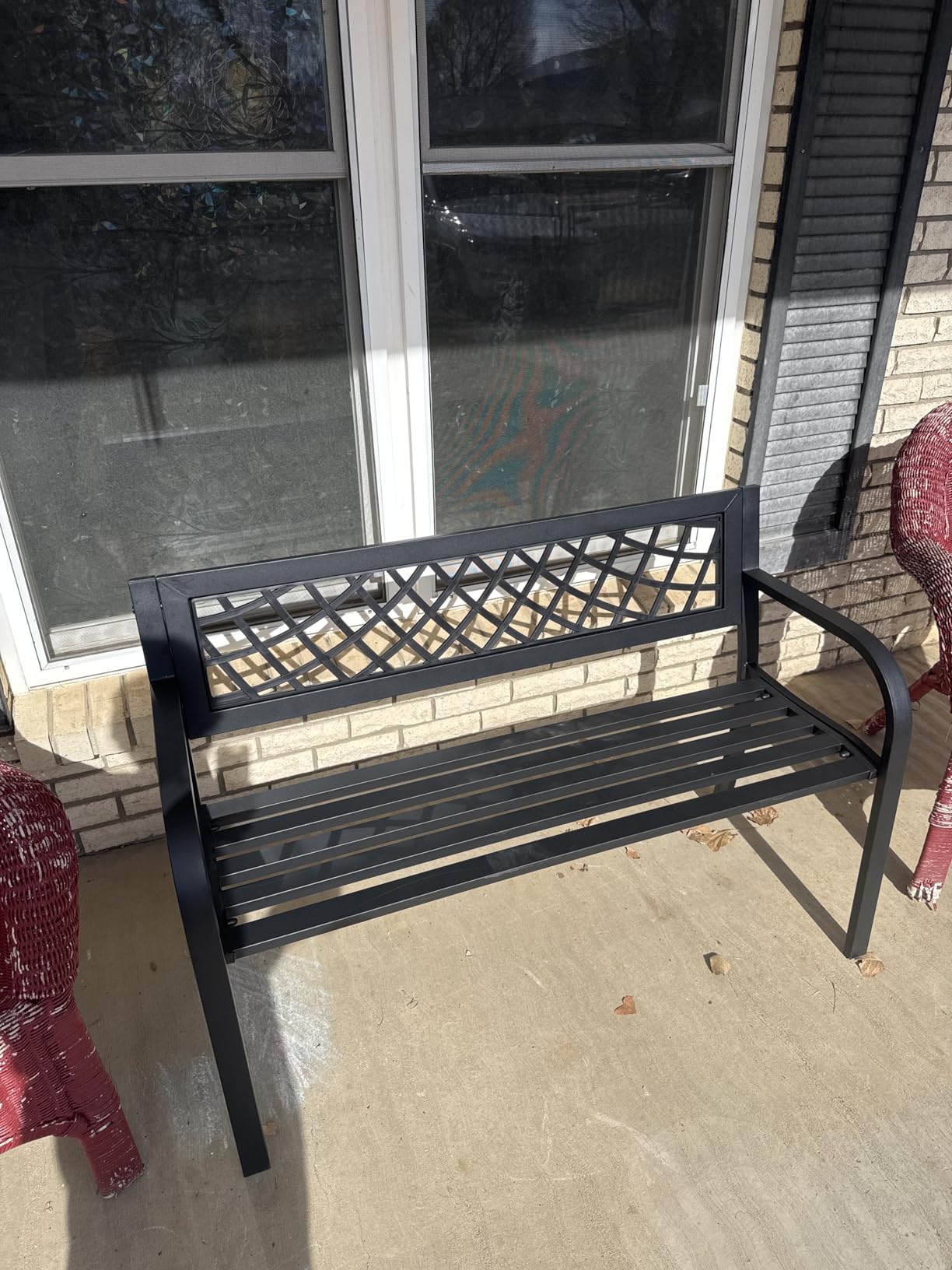 Garden Bench, Outdoor Benches, Iron Steel Frame Patio Bench with Mesh Pattern and Plastic Backrest Armrests for Lawn Yard Porch Work Entryway, Black customer photo 1