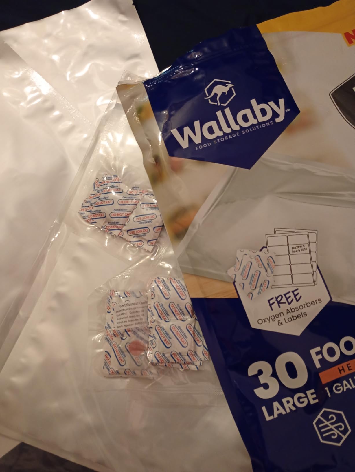 Wallaby 30 Count 1-Gallon Mylar Bags with 400cc Oxygen Absorbers, 10 Mil Total Thickness Long-Term Food Storage Pouches, 10x14 Heat-Sealable Airtight Packaging - Silver customer photo 1