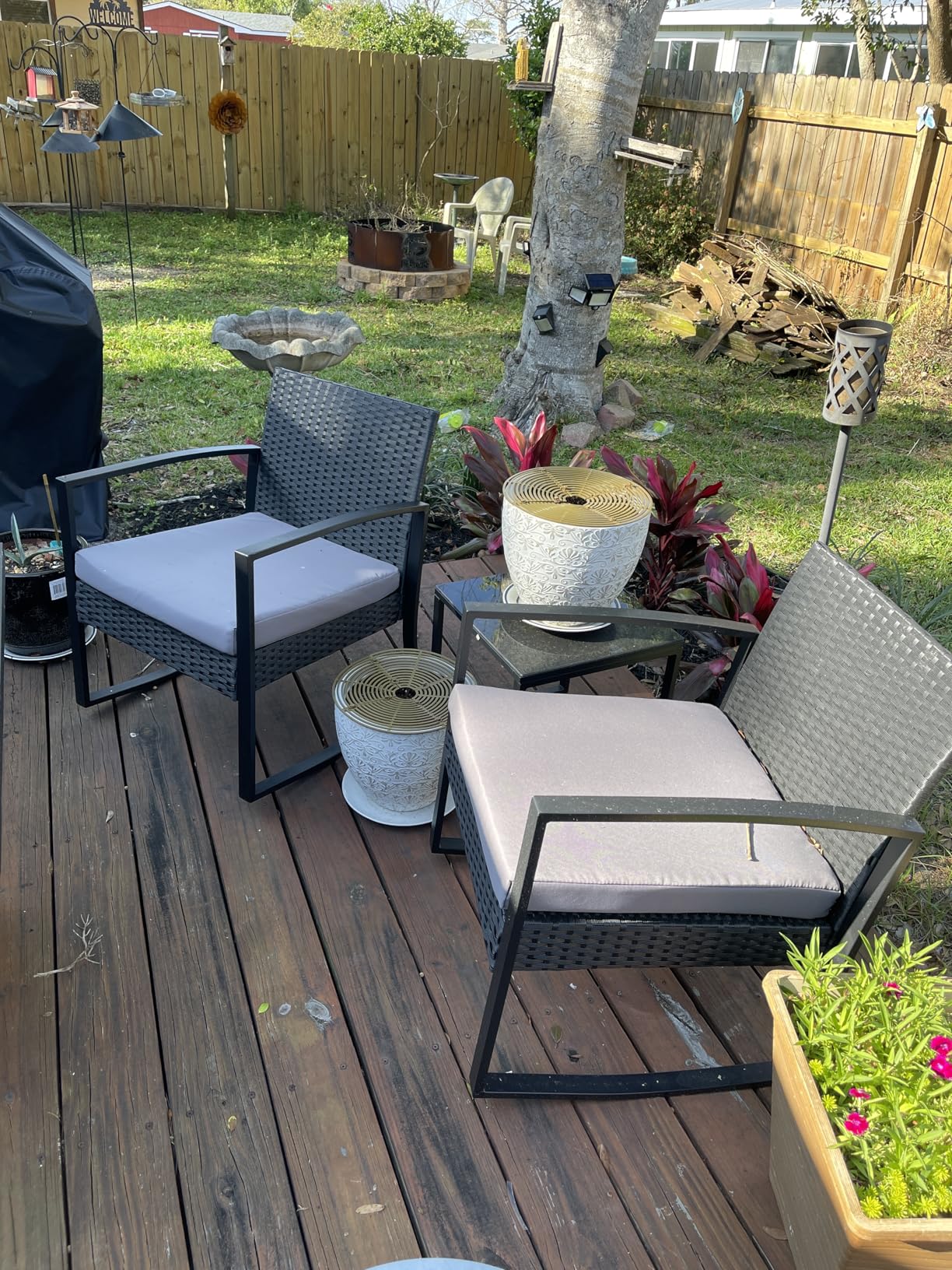 3 Pieces Outdoor Patio Furniture Set Rocking Bistro Set Outdoor Rattan Conversation with Coffee Table for Garden Balcony Backyard Poolside (Grey Cushion) customer photo 1