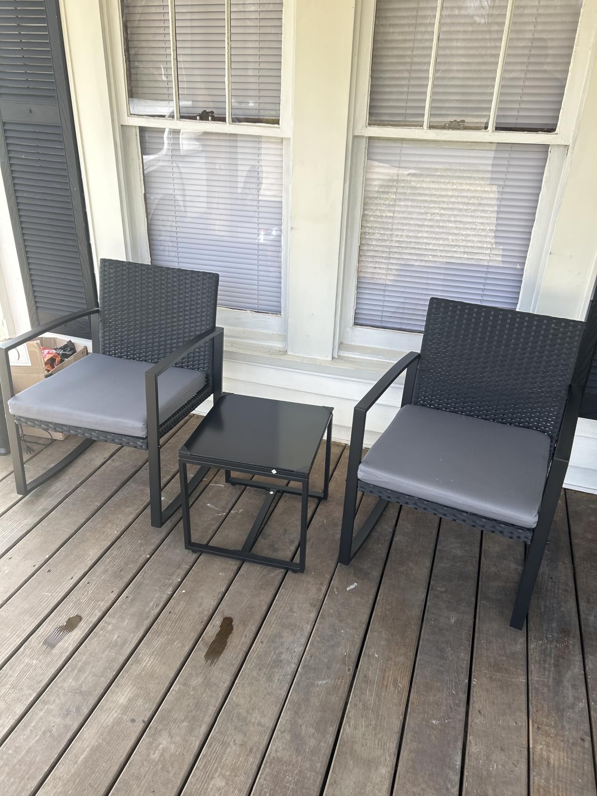 3 Pieces Outdoor Patio Furniture Set Rocking Bistro Set Outdoor Rattan Conversation with Coffee Table for Garden Balcony Backyard Poolside (Grey Cushion) customer photo 2