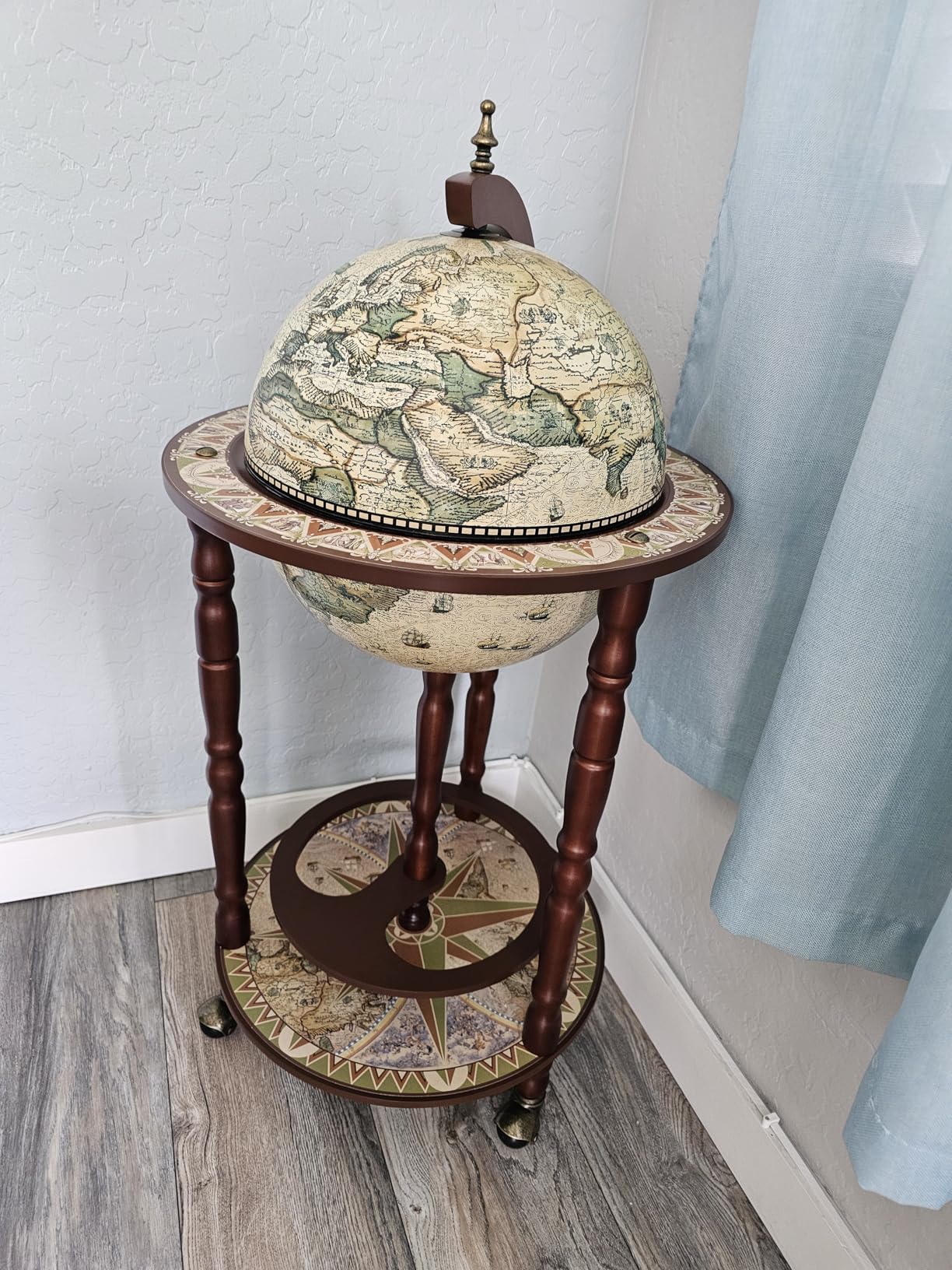 LDAILY Moccha 17'' Globe Wood Wine Bar Stand, 16th Century Italian Replica Liquor Bottle Shelf w/Wheels, Wood Wine Cart Cabinet, Globe Wine Organizer for Spirits, Beverages Stemware (Creamy White) customer photo 1