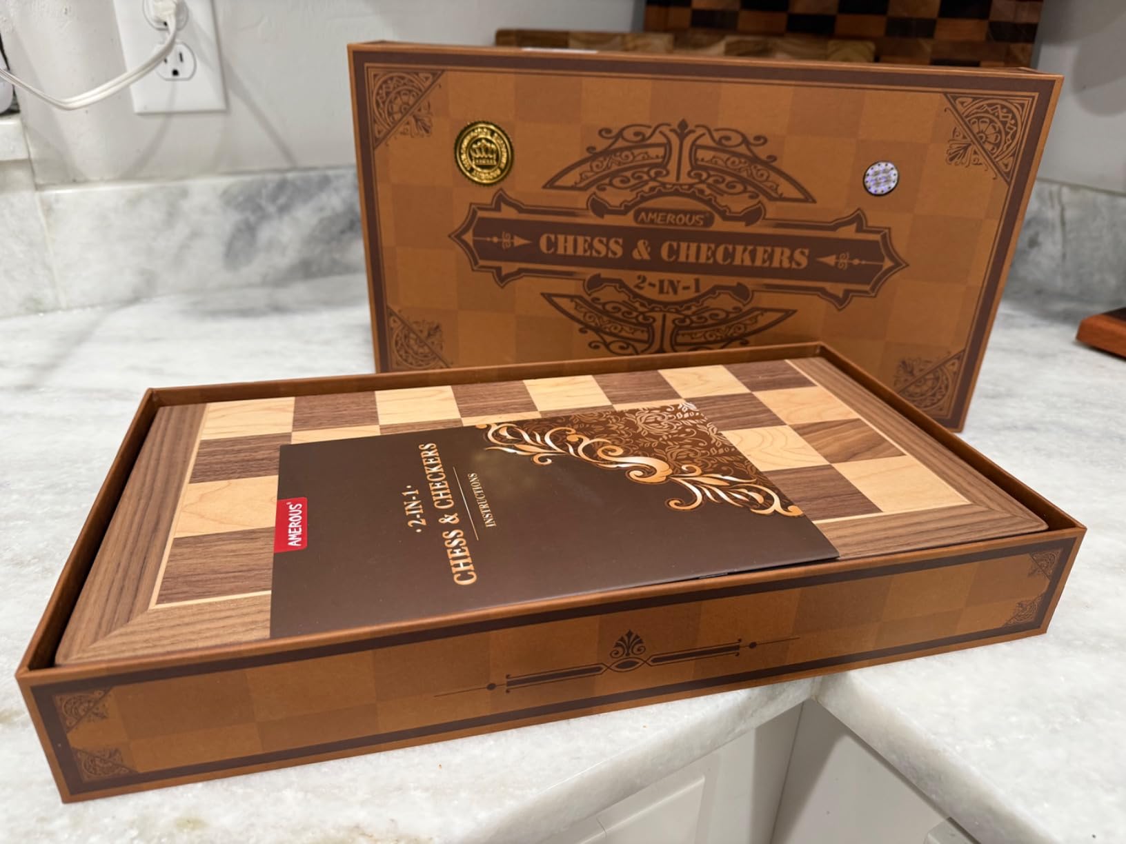 AMEROUS Magnetic Wooden Chess and Checkers Game Set, 15 Inches (2 in 1) Chess Board Games, 2 Extra Queens - Gift Package - Game Pieces Storage Slots, Beginner Chess Set for Kids, Adults customer photo 1