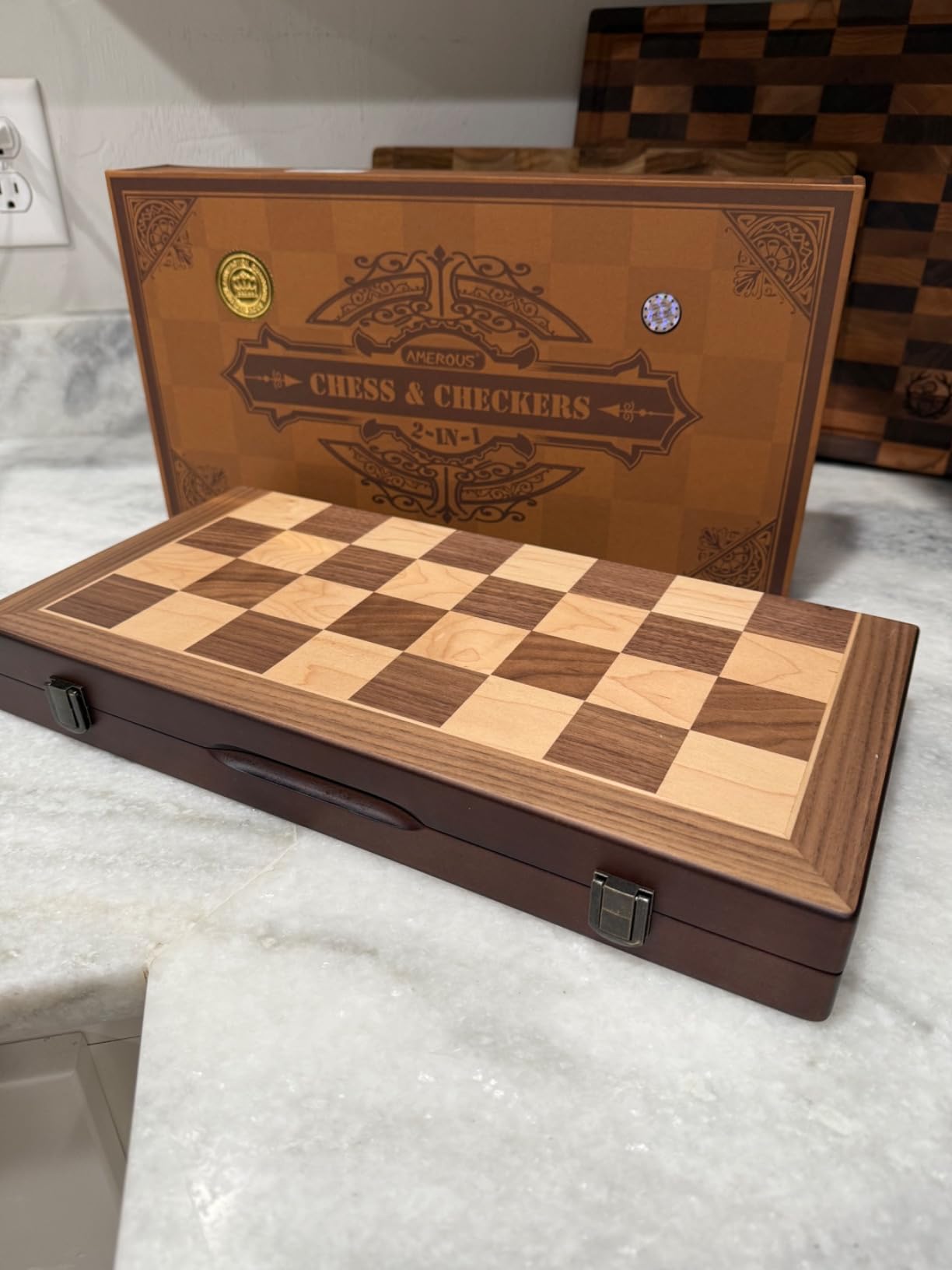 AMEROUS Magnetic Wooden Chess and Checkers Game Set, 15 Inches (2 in 1) Chess Board Games, 2 Extra Queens - Gift Package - Game Pieces Storage Slots, Beginner Chess Set for Kids, Adults customer photo 2