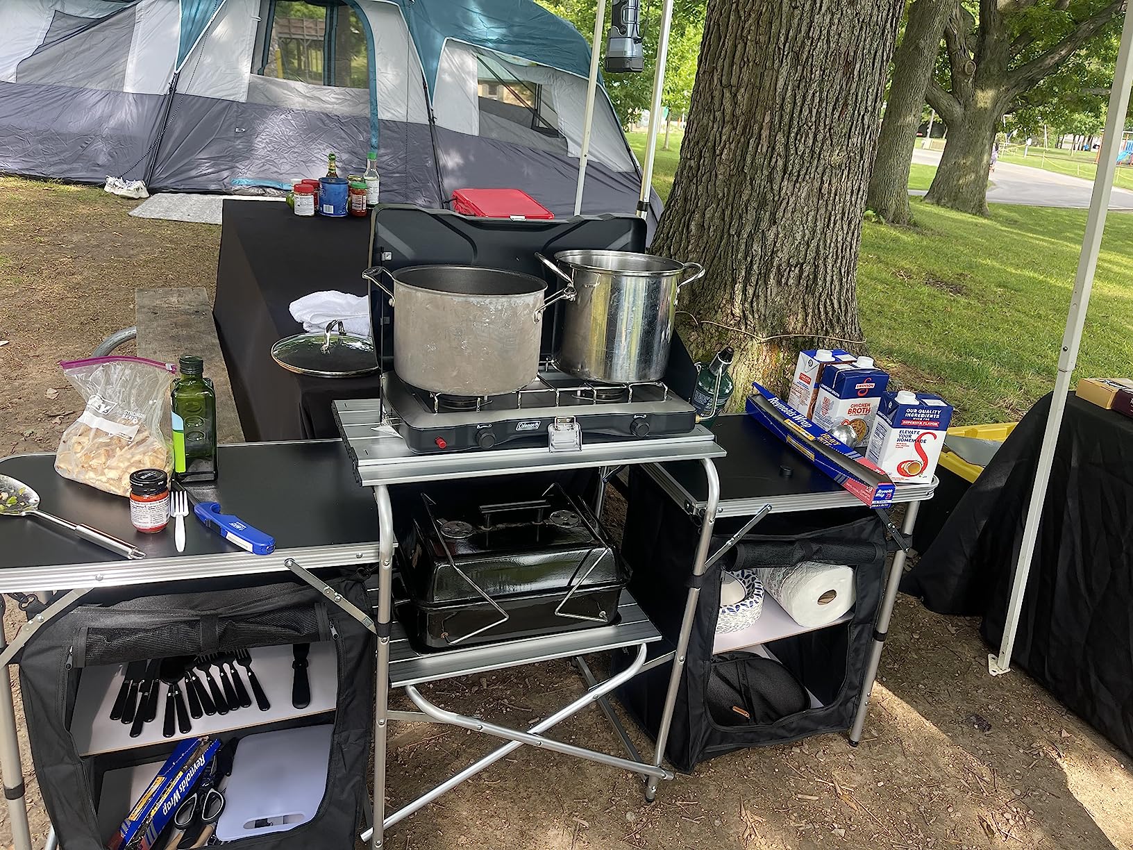 Nice C Camping Kitchen Table, Folding Grill Table, Upgrade Light Stand and Windshield Cooking Station & 3 Organizers, Carry Bag for Outdoor, Beach, BBQ, Picnic, Cooking, Indoor, Office (Silver) customer photo 1