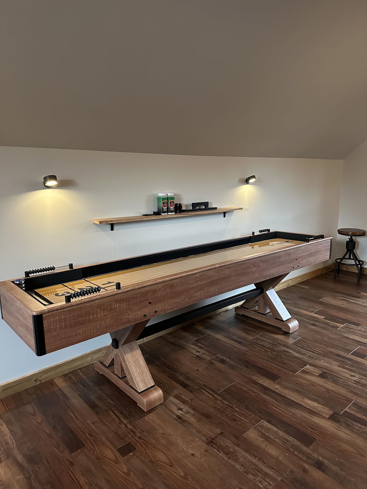 Hathaway Daulton 9-ft Shuffleboard Table for Family Game Rooms with Padded Sidewalls, Legs Levelers, 8 Pucks, Table Brush and Wax, White Oak Finish customer photo 1