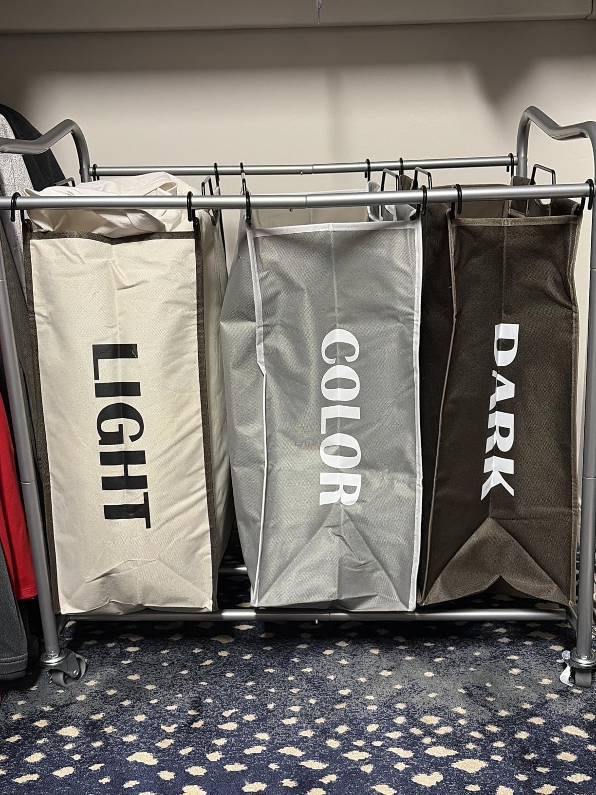 Simple Houseware Heavy Duty 3-Bag Laundry Sorter Rolling Cart, Silver/Assorted - Durable Triple Laundry Hamper with Removable Bags and Lockable Wheels for Laundry Room Organization customer photo 1