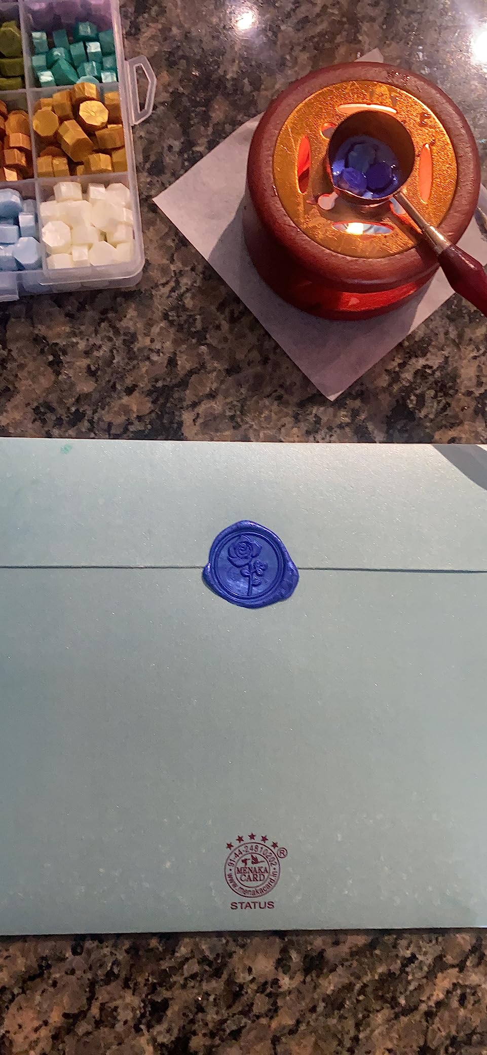 Comealltime Wax Seal Kit with Gift Box, 624 Pcs 24 Colors Sealing Beads, 2 Pcs Stamps, Sealing Wax Warmer, Metallic Pen, Envelope, Candles for Wedding Birthday Gift and DIY Craft customer photo 1