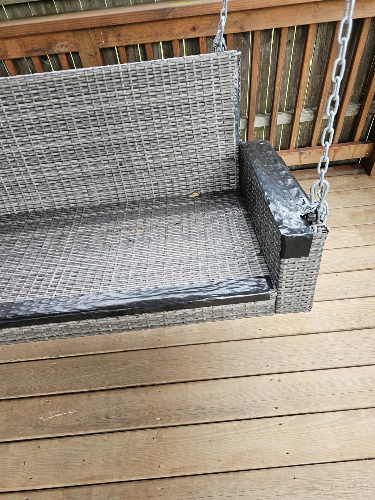 Tangkula 2-Person Wicker Porch Swing, Patiojoy Outdoor Rattan Hanging Swing Bench W/ 2 Back Cushions & 1 Seat Cushion, Sturdy Steel Chain, 800lbs Weight Capacity customer photo 2