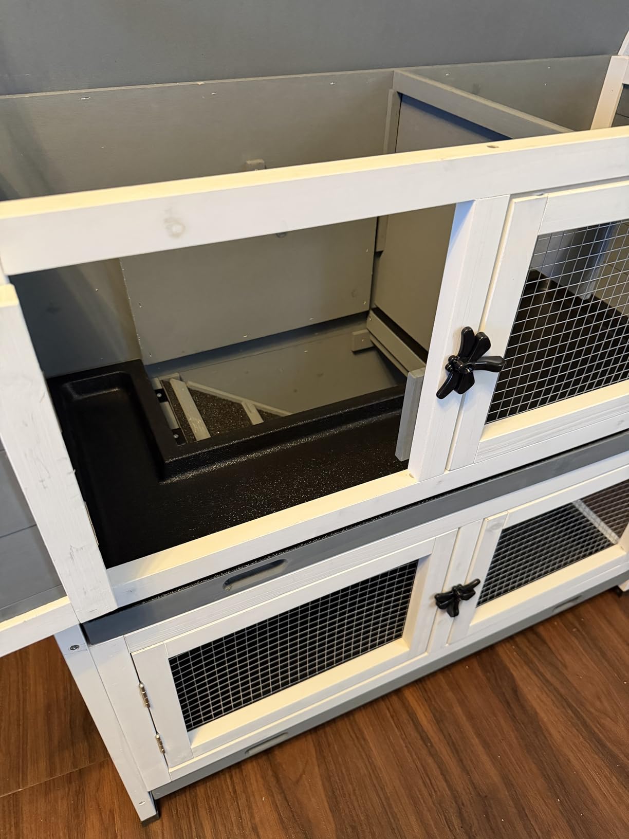 2 Story Solid Wood Rabbit/Bunny Hutch with 2 Large Main Rooms, Indoor Outdoor Rabbit House Guinea Pig Cage Pet House for Small Animals with Ventilation Door Removable Tray Waterproof Roof (Grey) customer photo 1