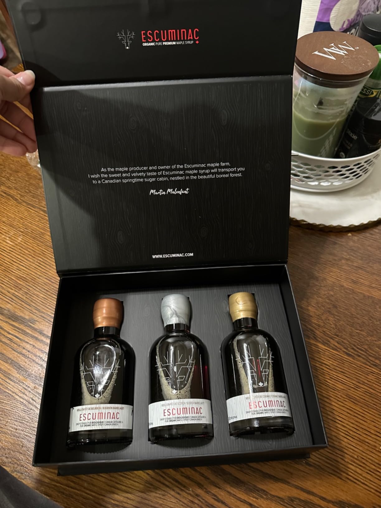 Escuminac Barrel-Aged Maple Syrup Gift Set - 3 x 200 ml - Bourbon, Scotch, Cognac - 100% Pure Organic Canadian Syrup - Small Batch, Grade A, in Premium Box customer photo 1