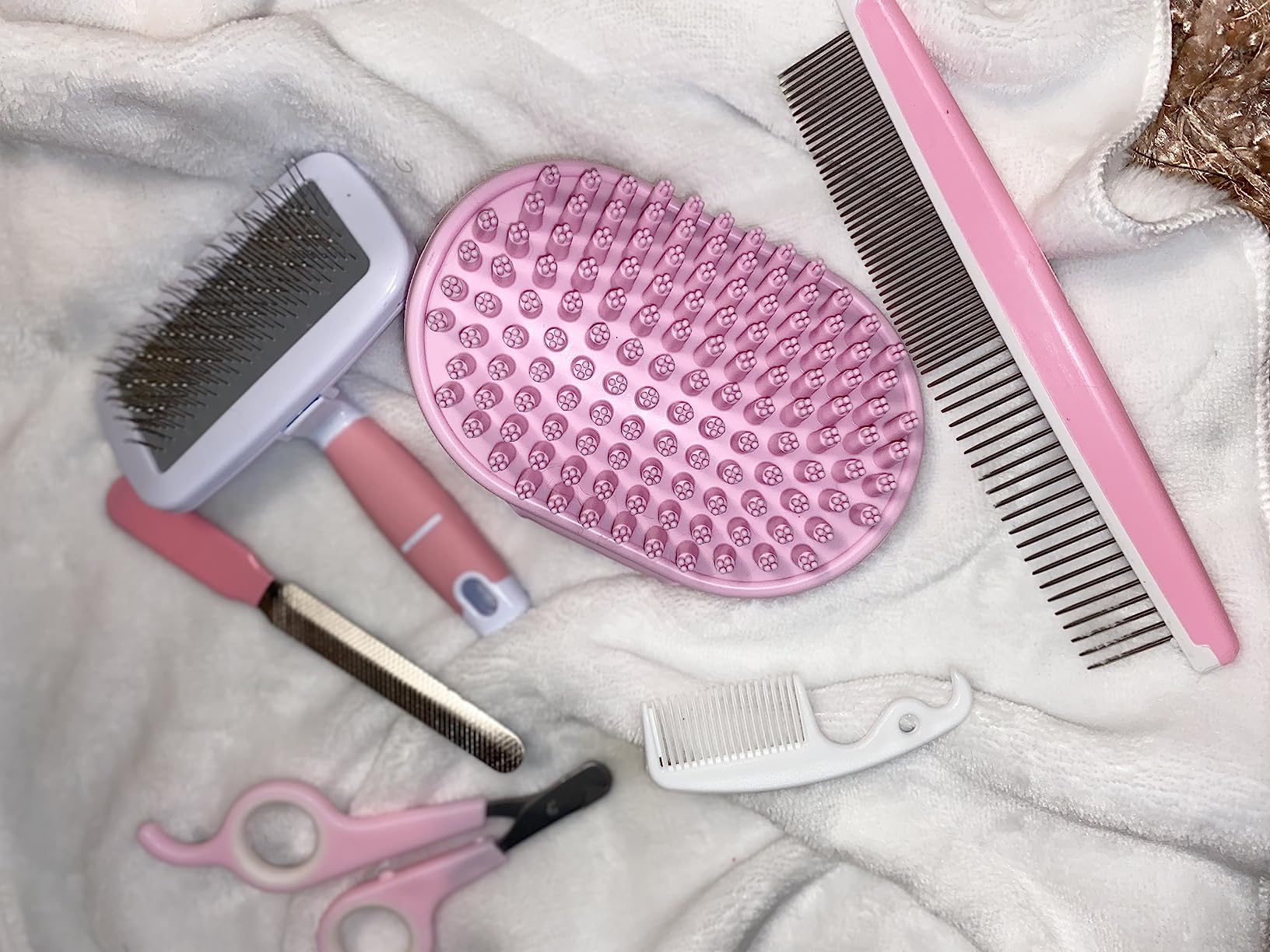 Small Animal Pet Grooming Kit with Pet Shedding Slicker Brush, Bath Massage Glove, Pet Grooming Comb, Nail Clipper Trimmer for Rabbit, Puppy, Kitten, Guinea Pig, Hamster, Ferret (Pink) customer photo 2