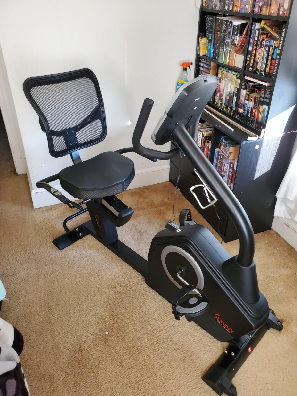 Sunny Health & Fitness Smart Recumbent Bike with Pulse Sensors, Home Cycling Workout Machine w/Cushion Seat & Mesh-Backrest, Free SunnyFit App Connection, Optional Programmable & Electro-Magnetic customer photo 1