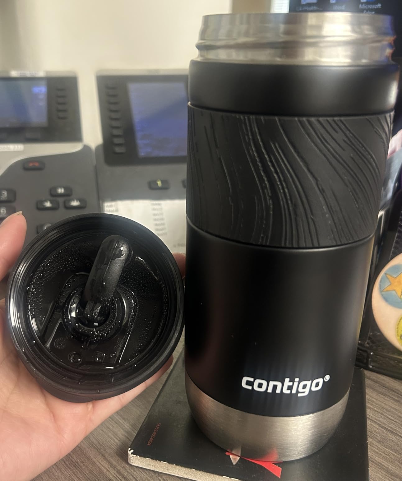 Contigo SNAPSEAL Insulated Stainless Steel Travel Mug with Grip 20oz. Blue Corn Transparent Satin & Midnight Berry customer photo 2