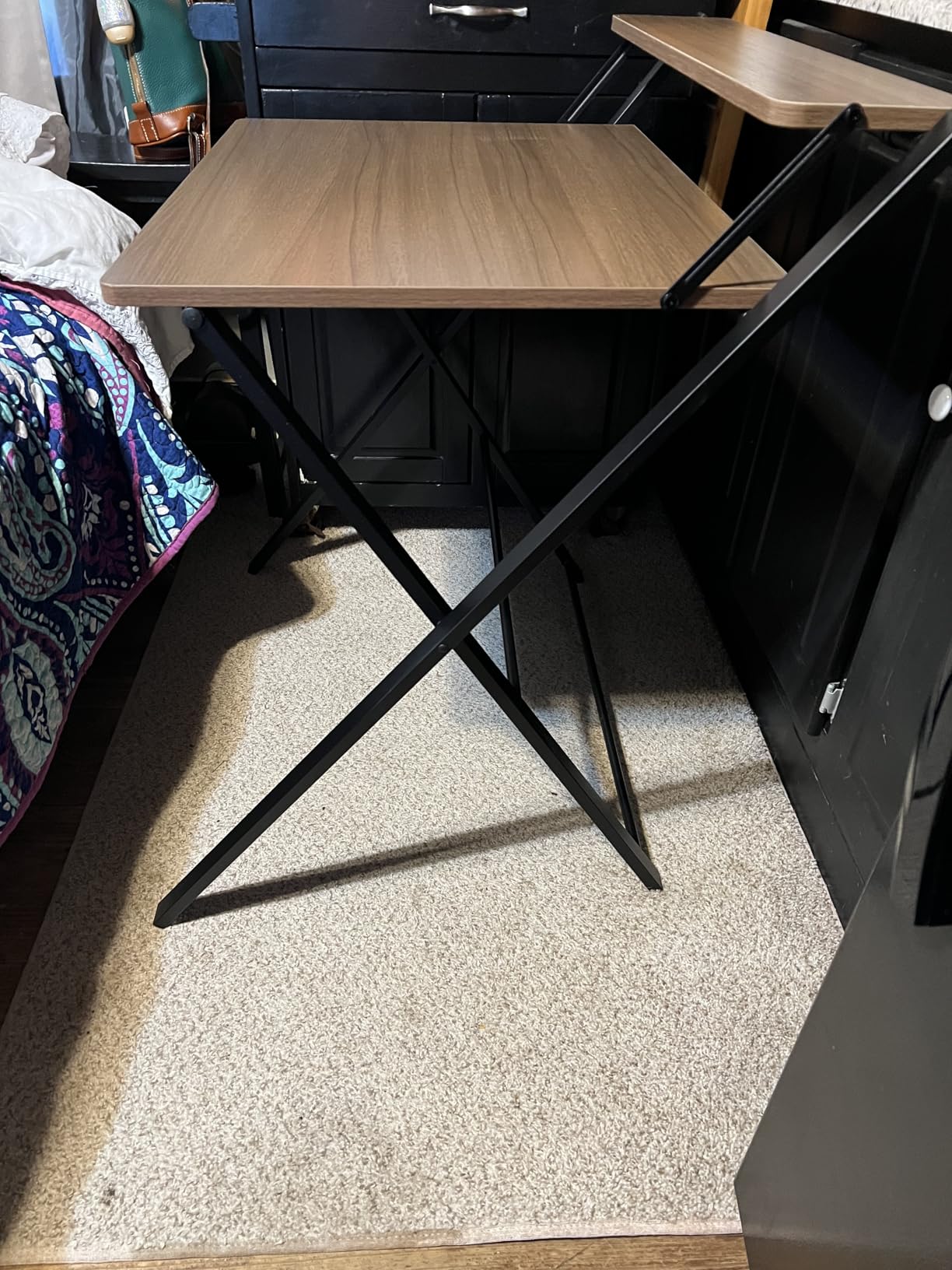 GreenForest Portable Small Desk No Assembly, 2-Tier Compact Computer Desk with Shelf, Space Saving Foldable Table for Home Office, Bedroom or Apartment, Portable Collapsible Sturdy Laptop Desk, Oak customer photo 1